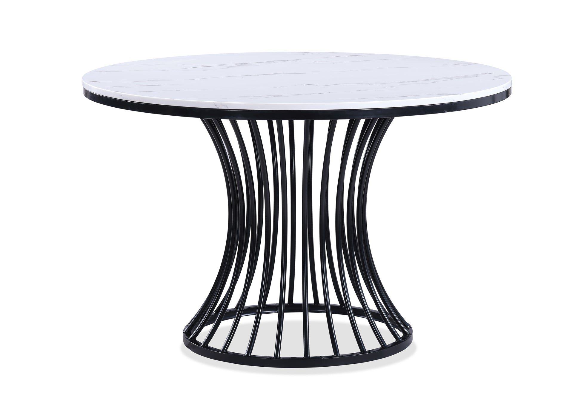 Round marble top dining table with black metal cage base