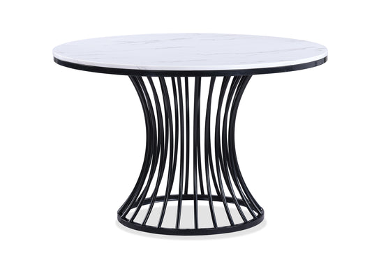 Round marble top dining table with black metal cage base