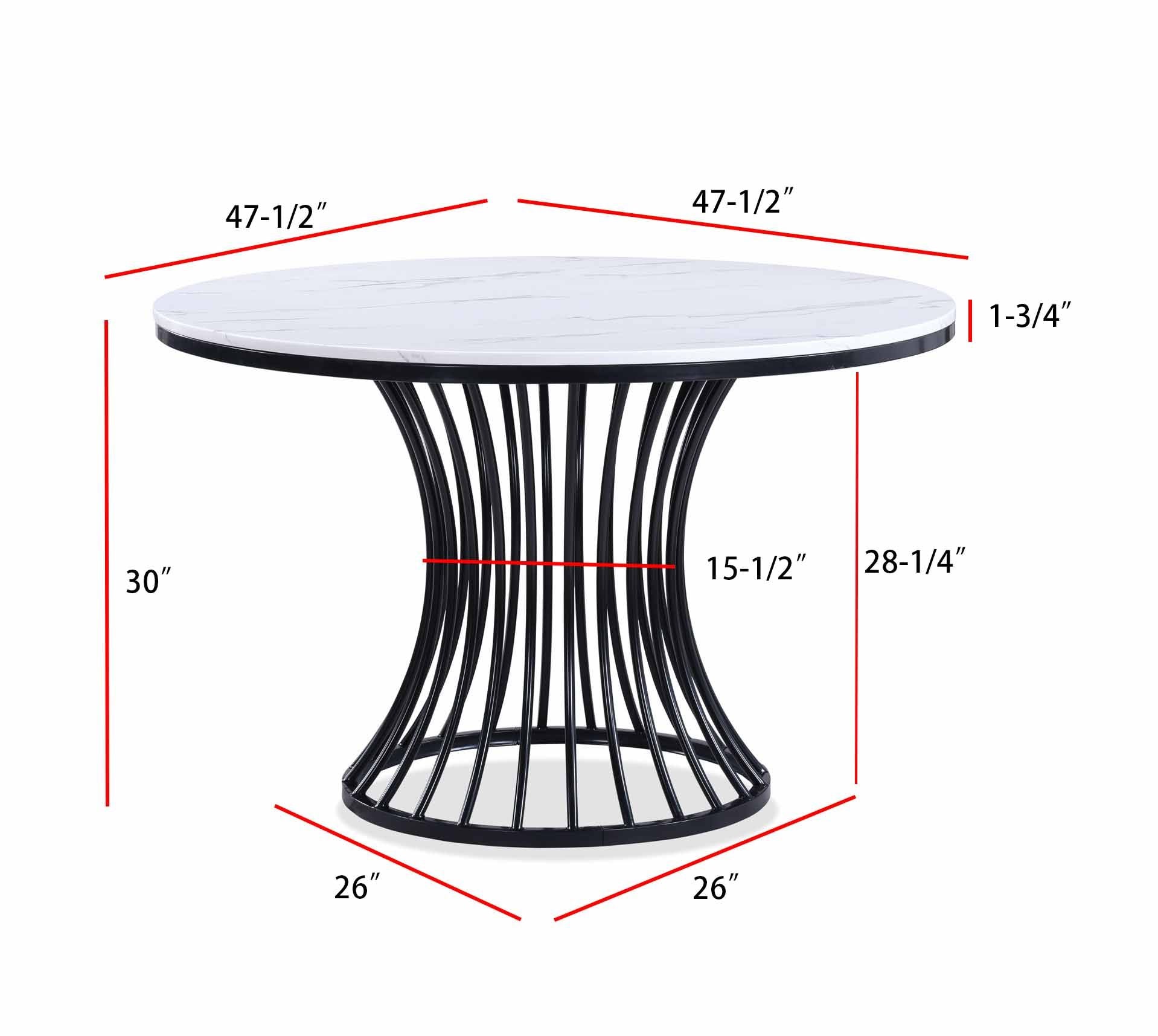 Round dining table with white marble top and black metal cage base