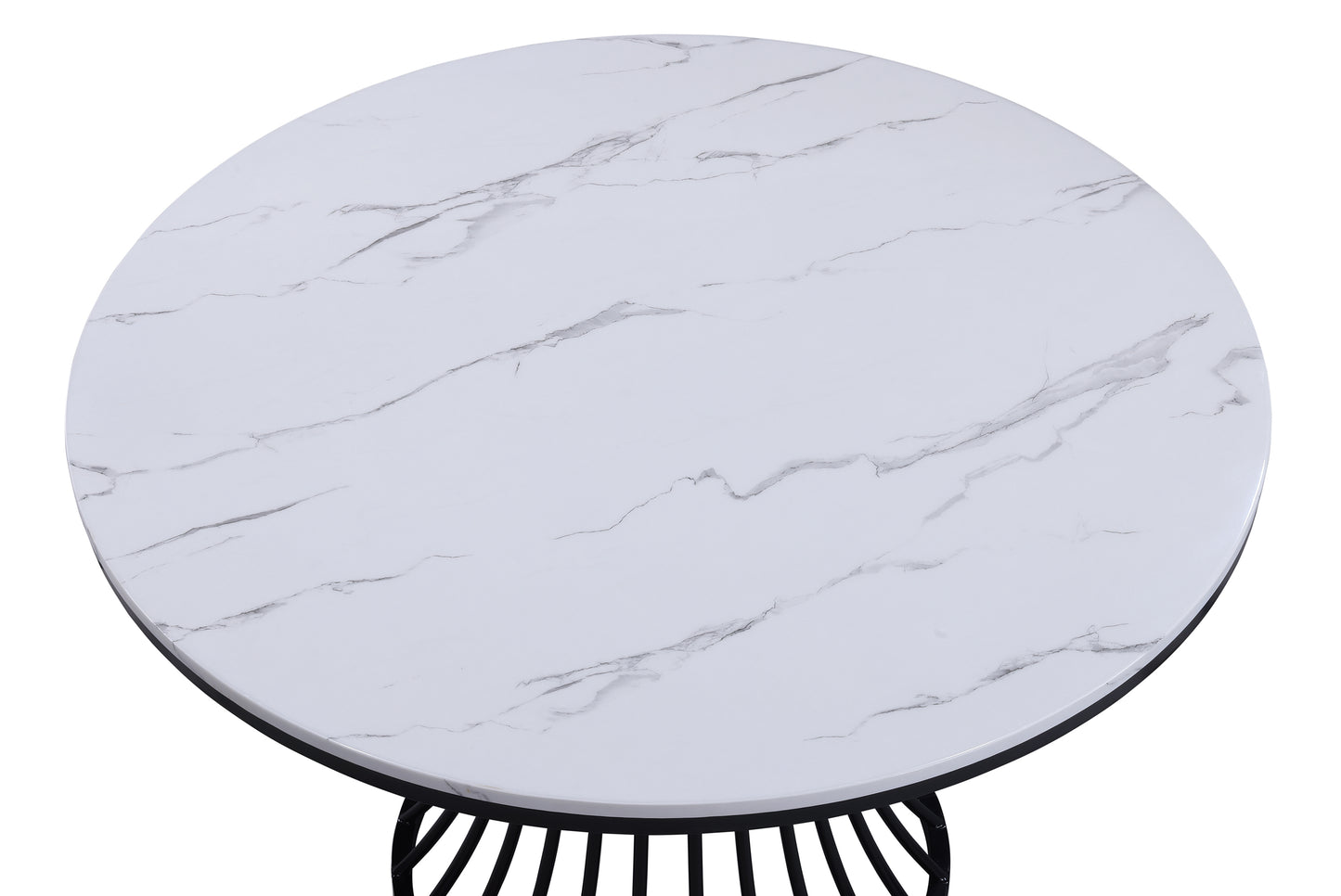 White marble top round dining table with black metal base