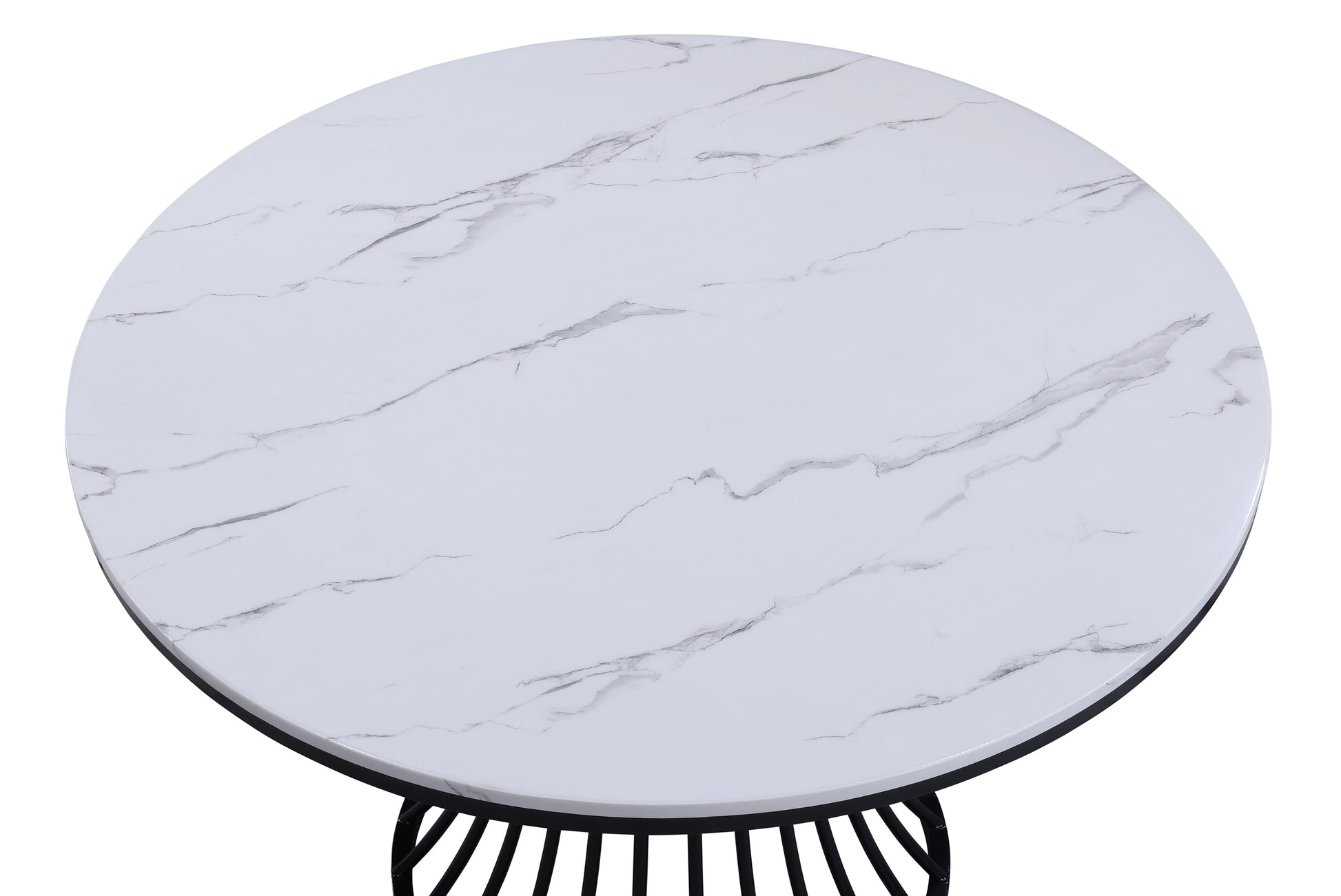 White marble top round dining table with black metal base