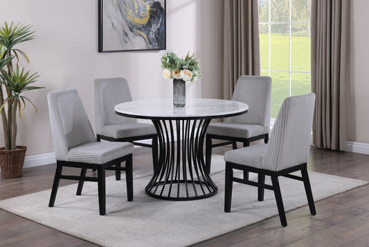 Round marble top dining table with black metal base