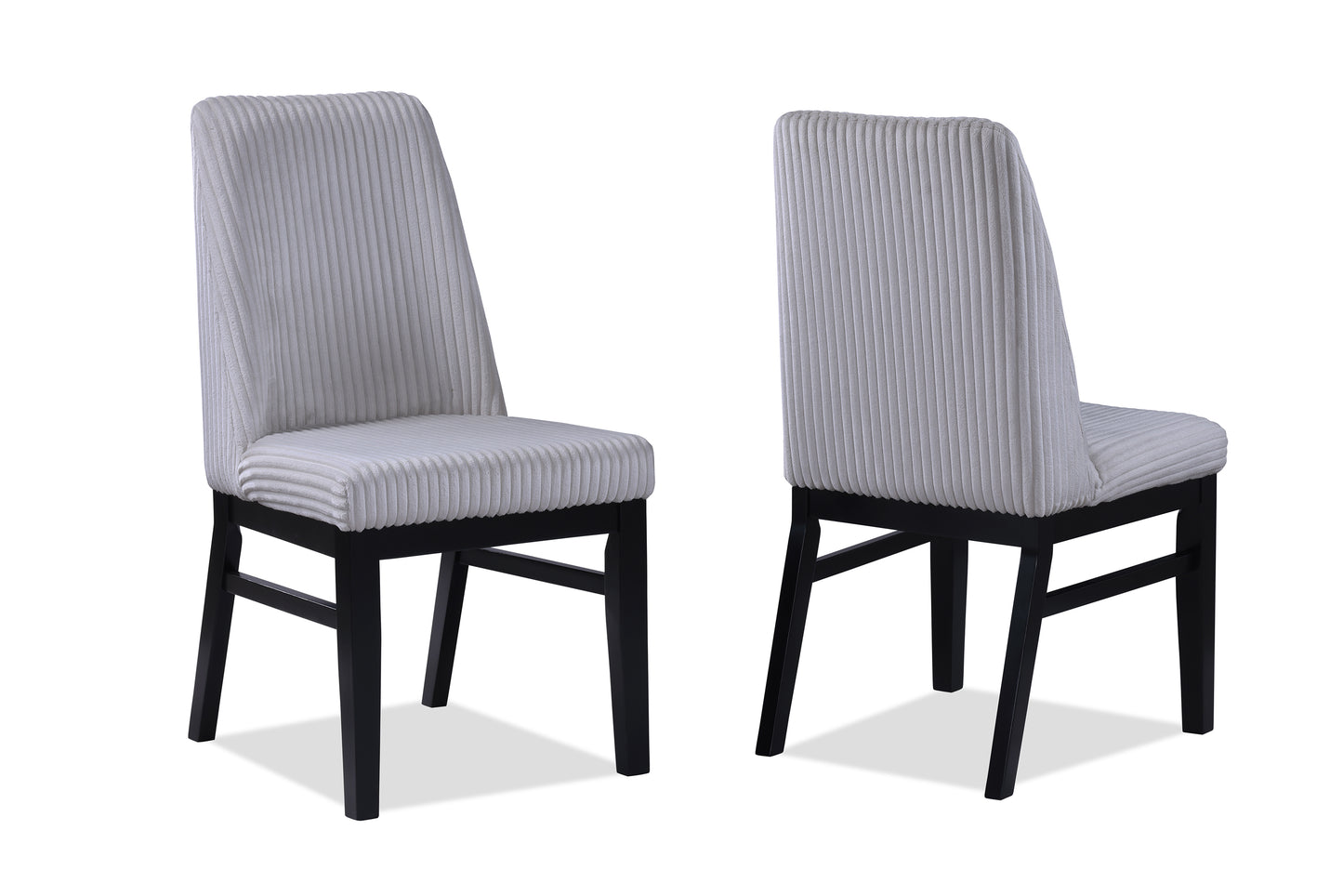Light gray corduroy dining chair with black wooden legs