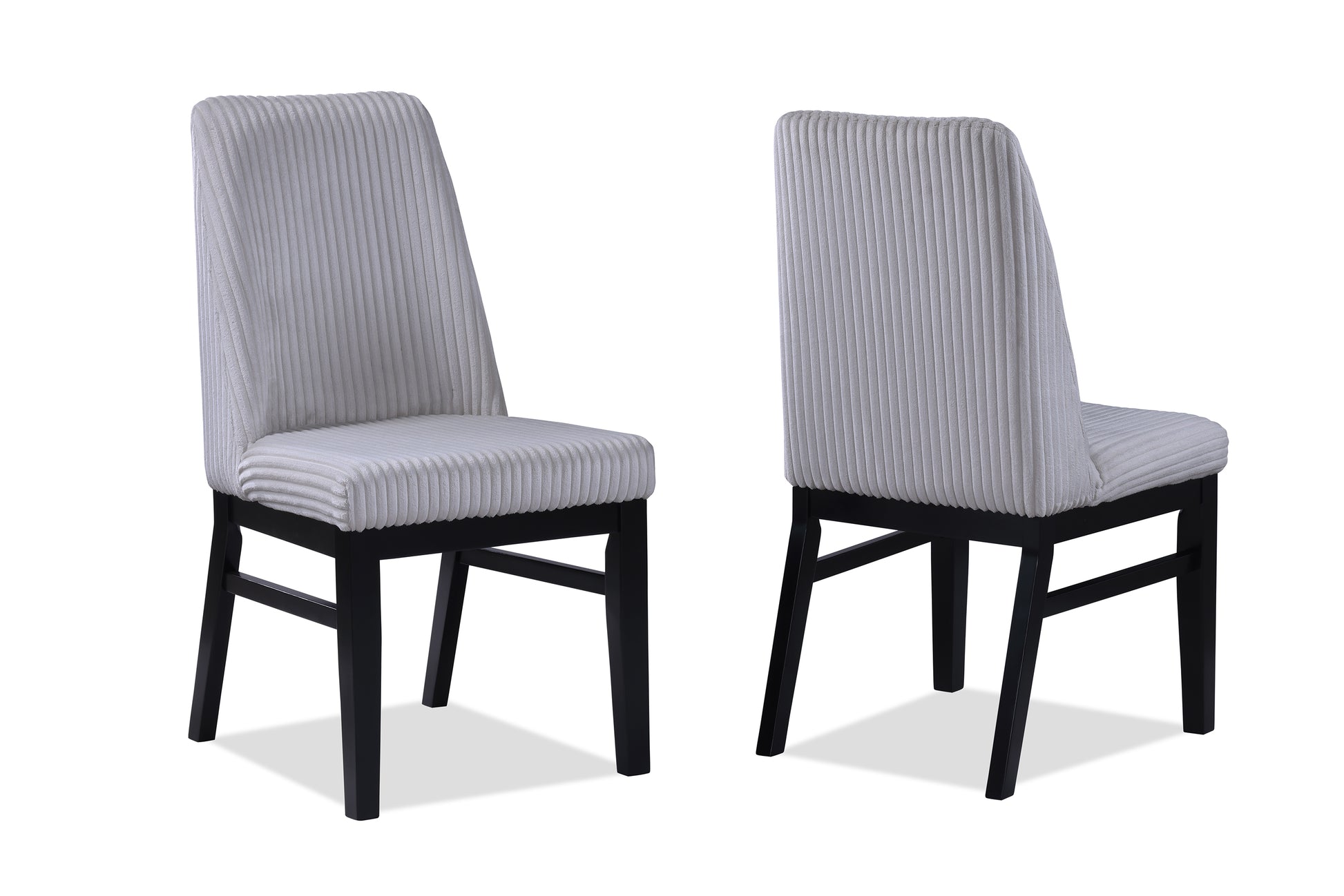 Light gray corduroy dining chair with black wooden legs