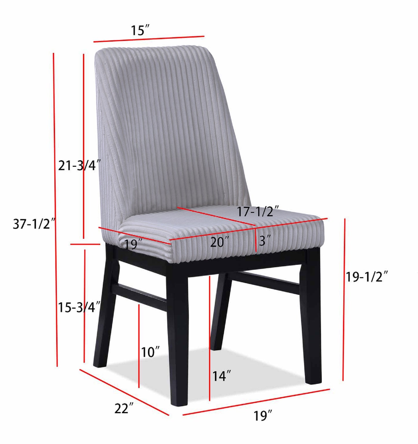 Gray corduroy dining chair with dark wood legs and precise dimensions