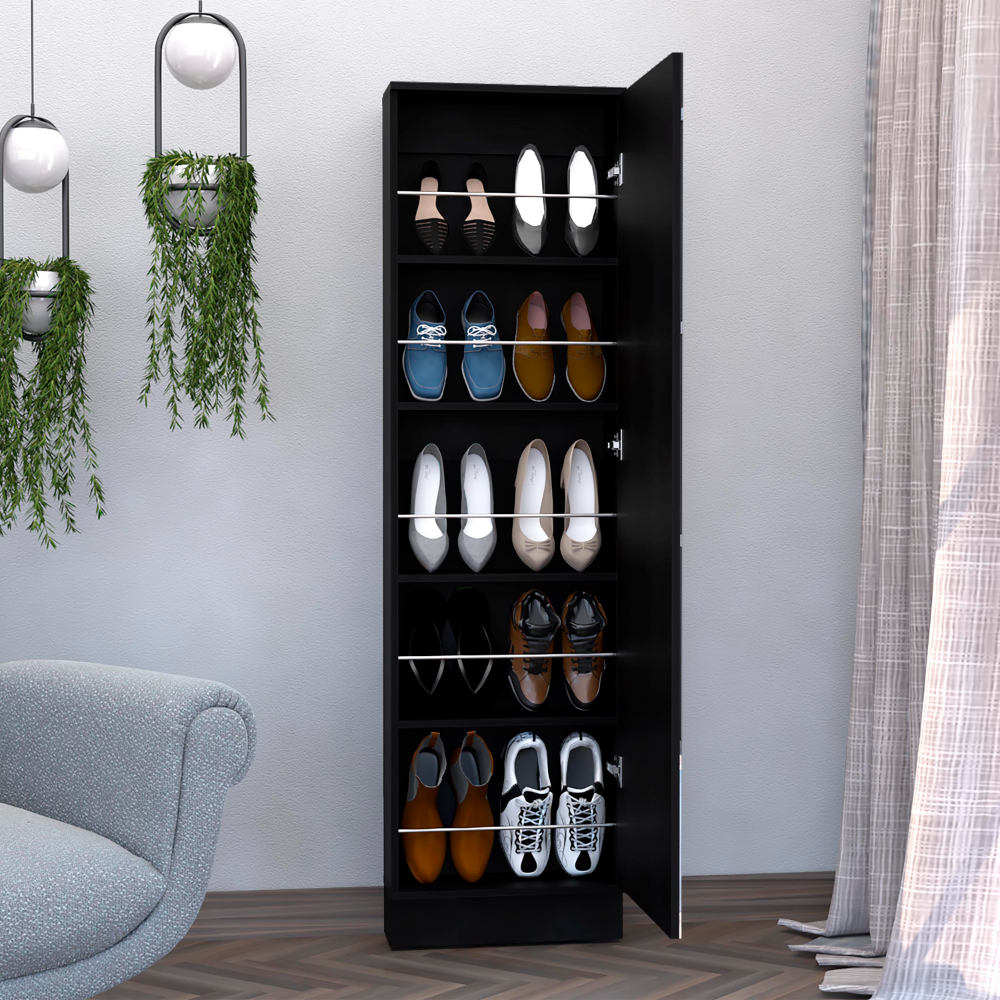 Black tall shoe cabinet with an open door showcasing  pairs of diverse footwear