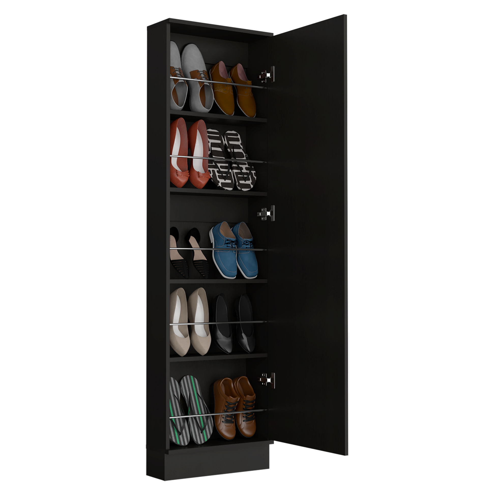 White casual shoes with brown accents on polished metal rack