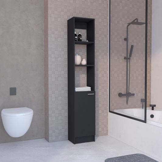 Tall dark gray bathroom linen cabinet with open shelves and one door for storage