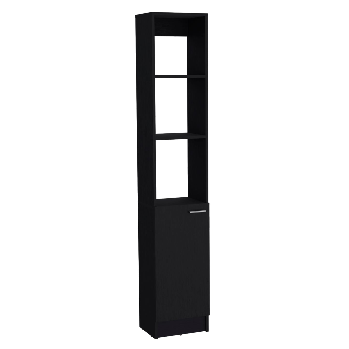 Tall black modular storage cabinet with one door and open shelves