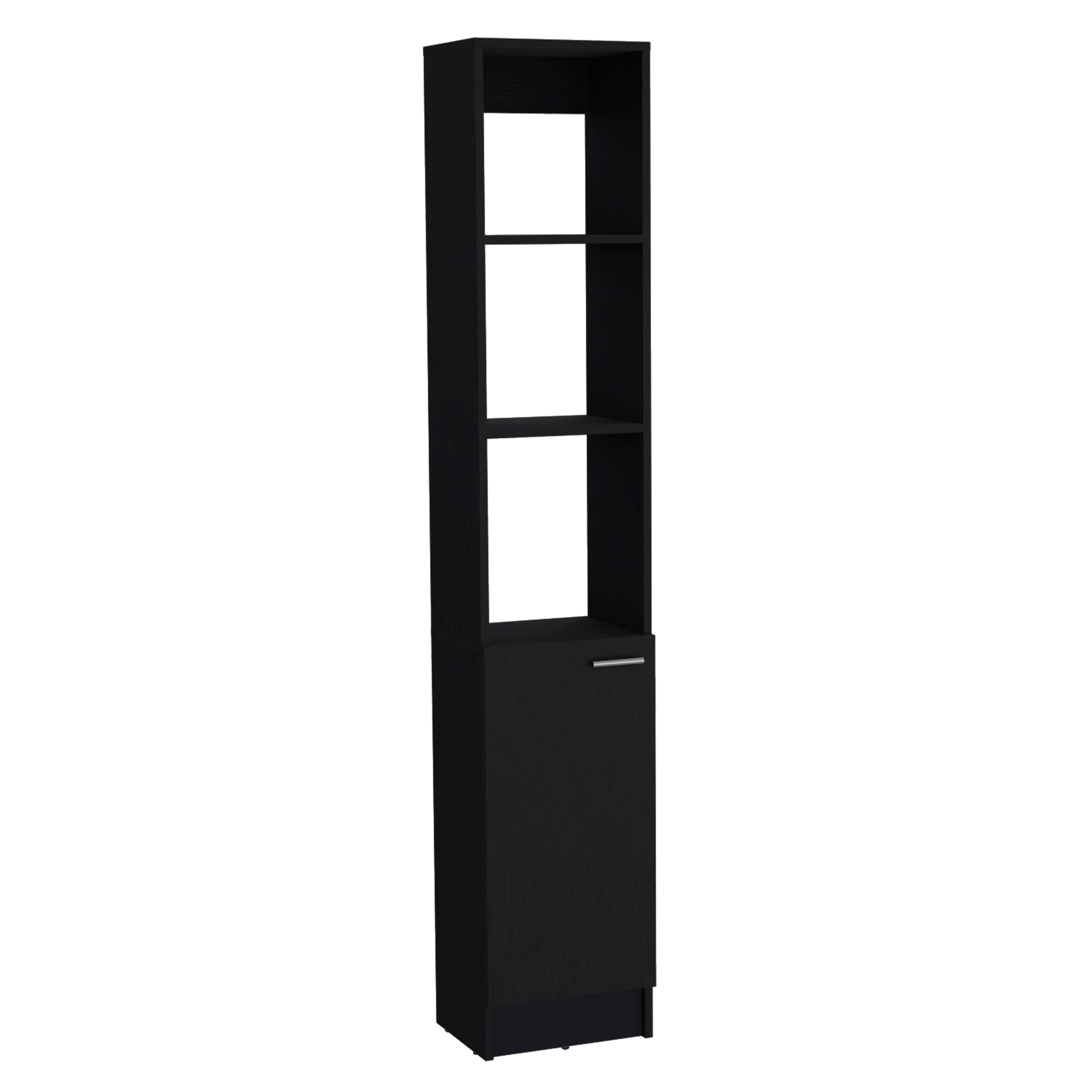 Tall black modular storage cabinet with one door and open shelves