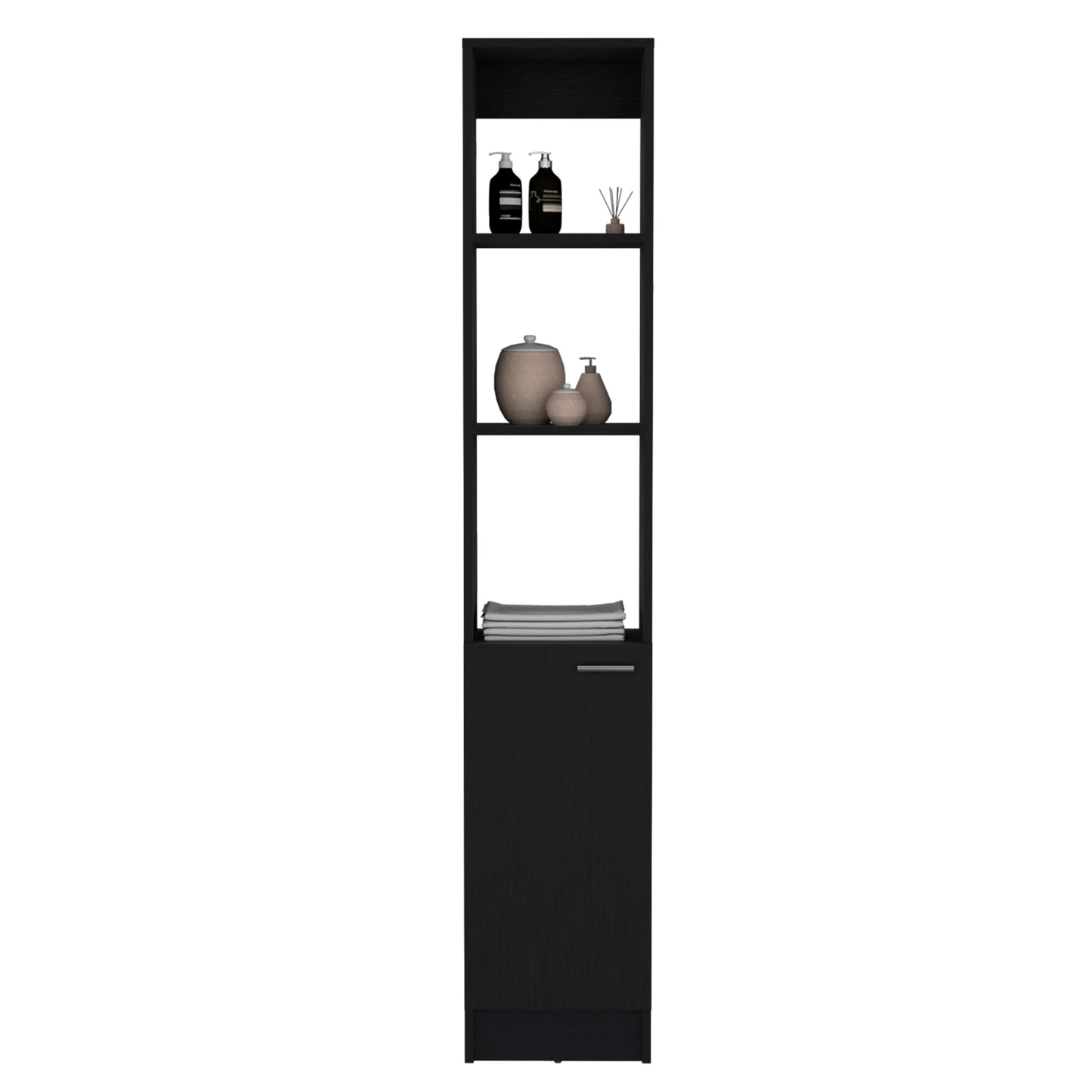 Black modern tall linen cabinet with open shelves and single door storage
