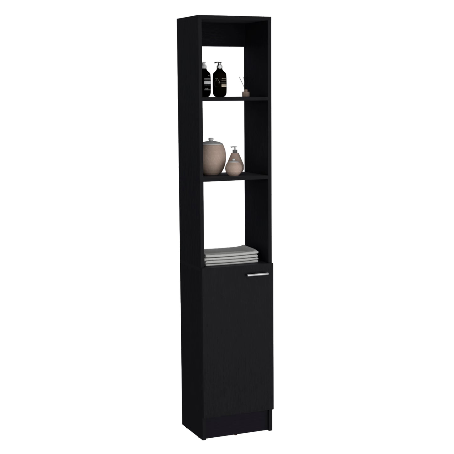 Tall black bathroom storage tower with shelves and cabinet