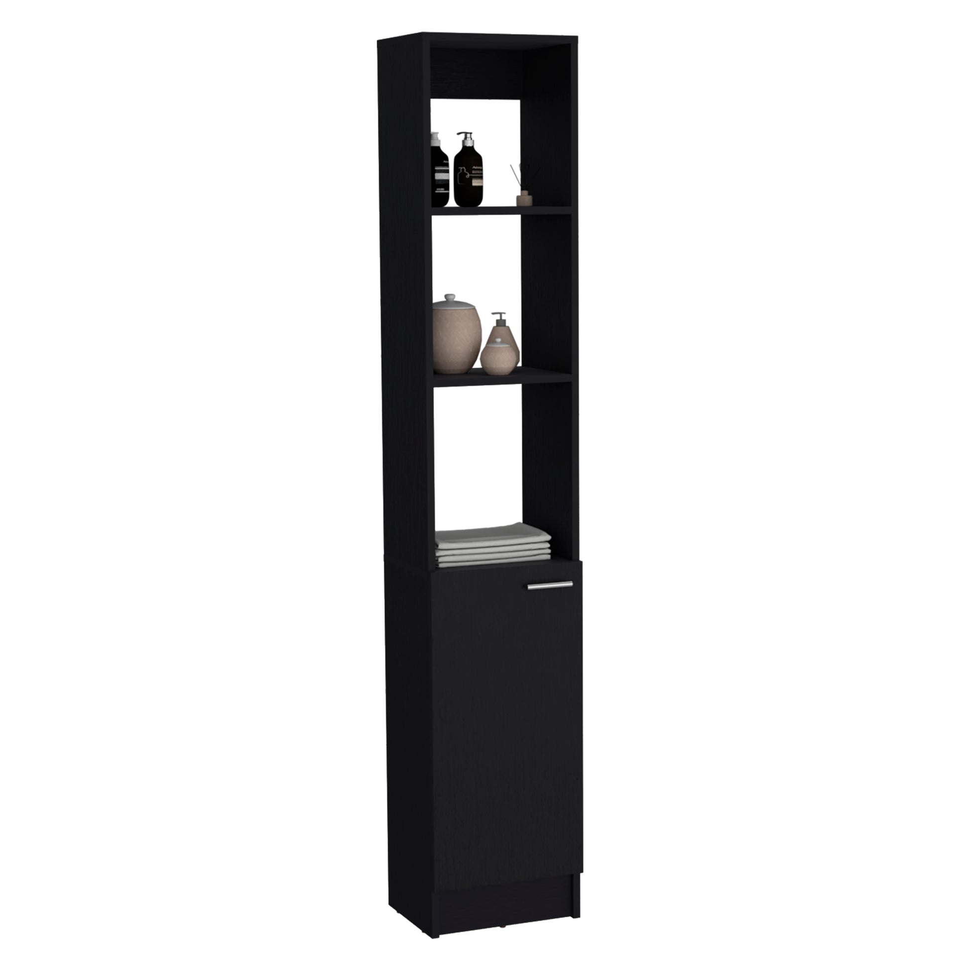 Tall black bathroom storage tower with shelves and cabinet