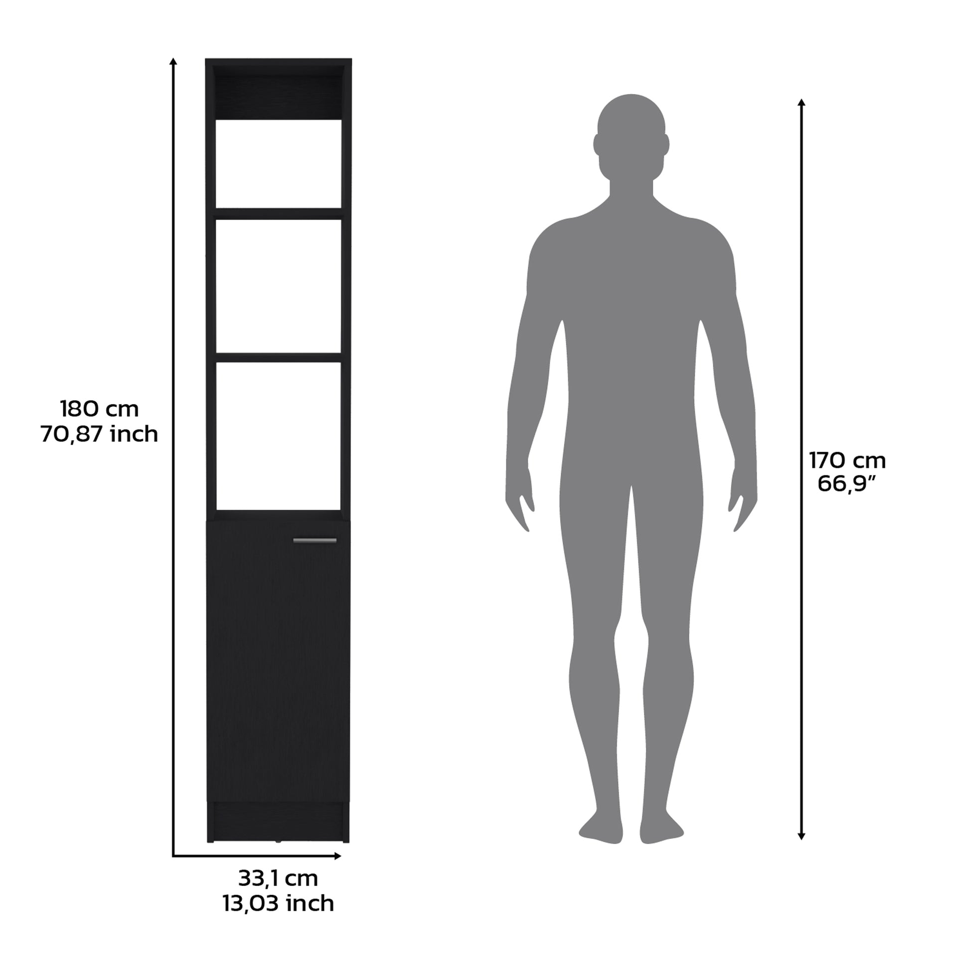 Black tall narrow cabinet with three open shelves and a single door