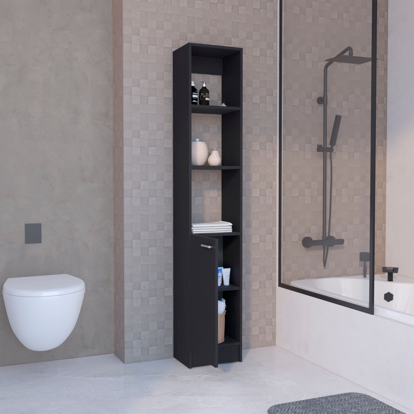 Slim black bathroom shelving unit with open shelves and a cabinet door