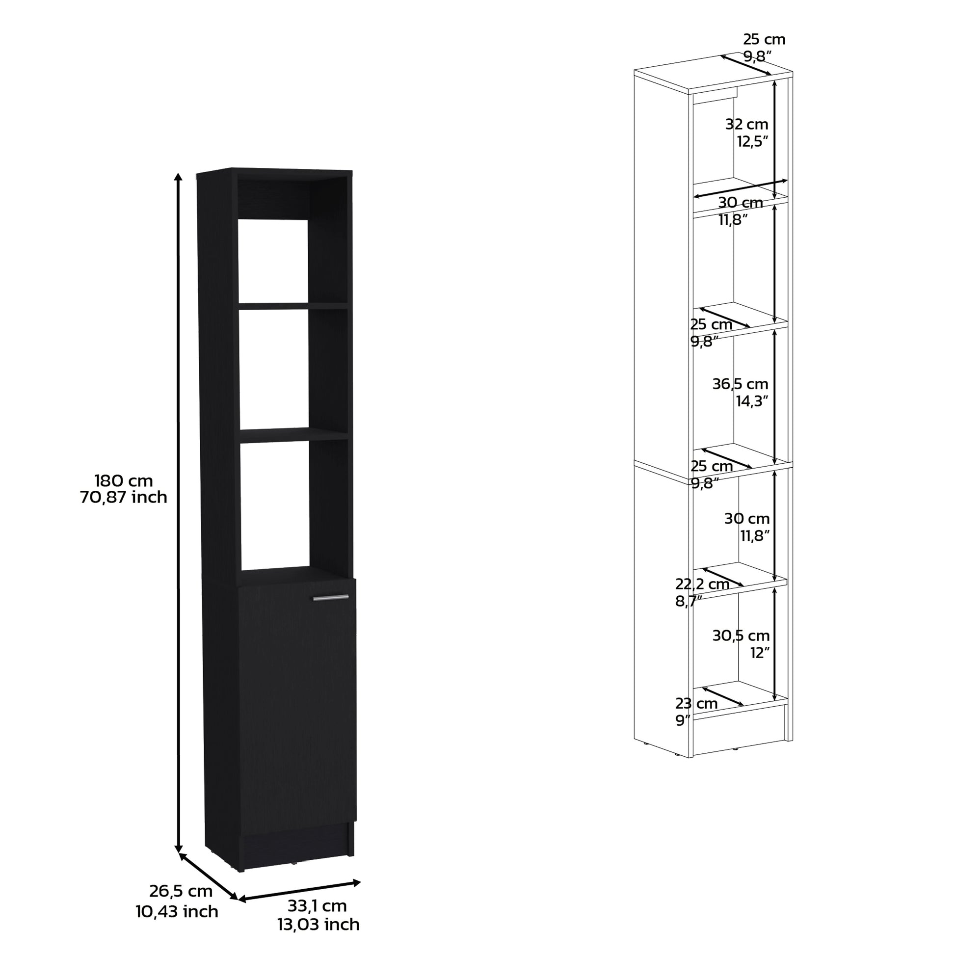 Black narrow storage cabinet with open shelves and one door