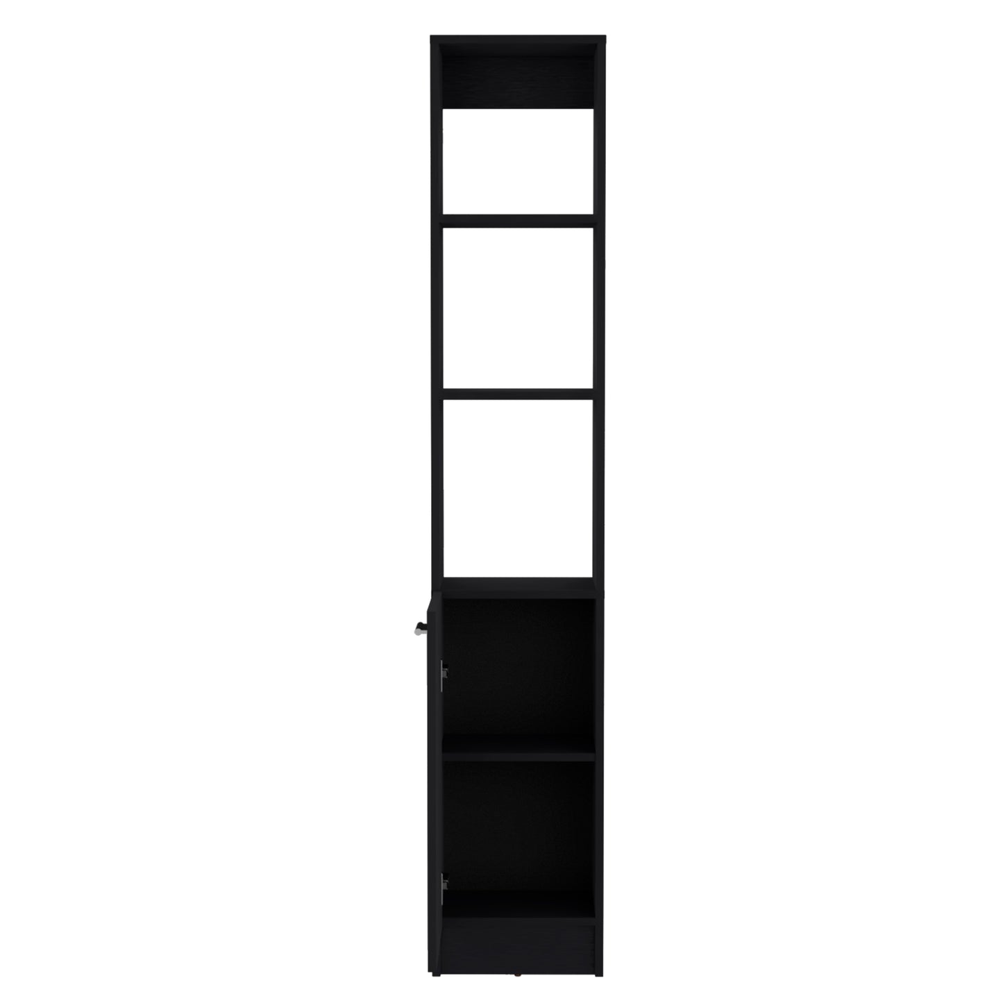 Black modern narrow bookshelf with open shelves and a single cabinet door