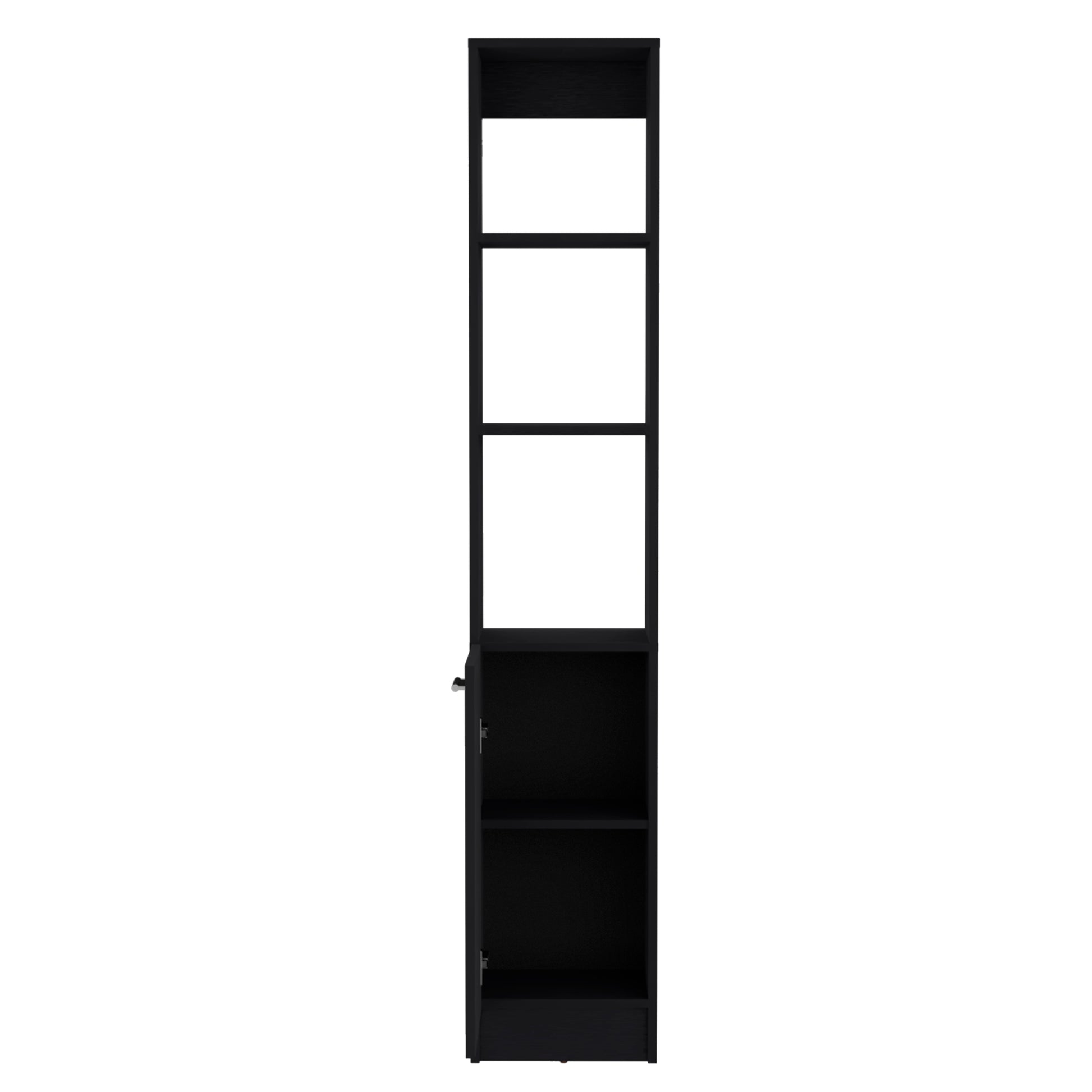 Black modern narrow bookshelf with open shelves and a single cabinet door