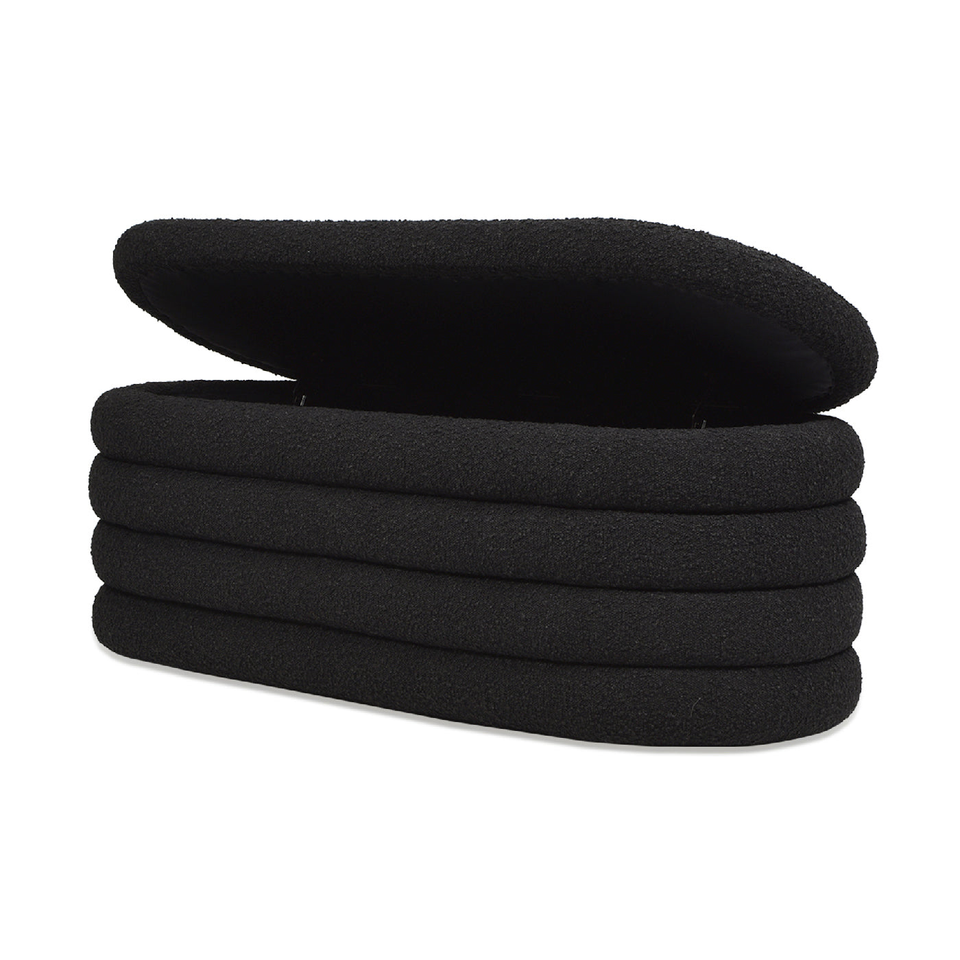 Black fabric storage ottoman with hinged lid