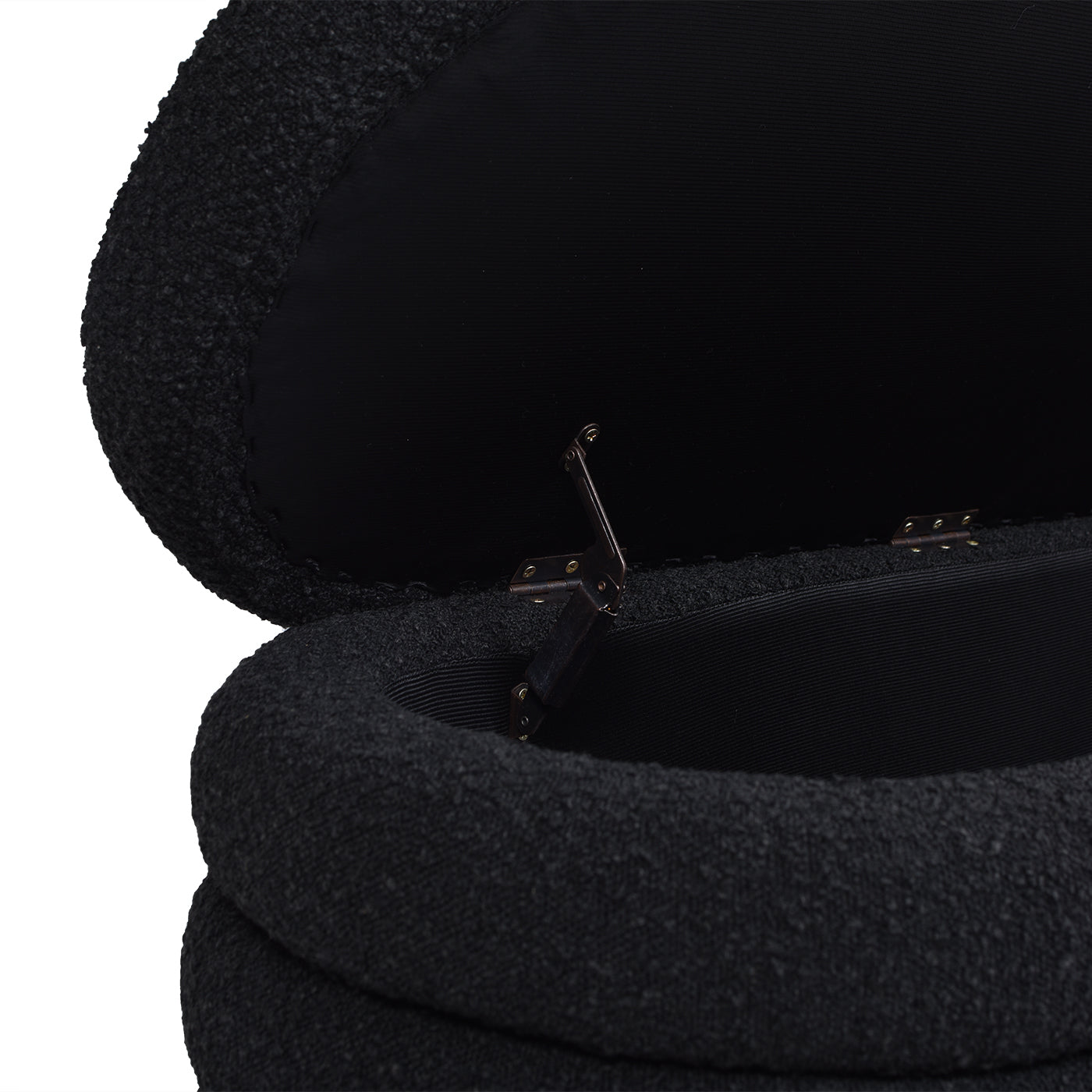Black boucle ottoman with storage and hinged lid