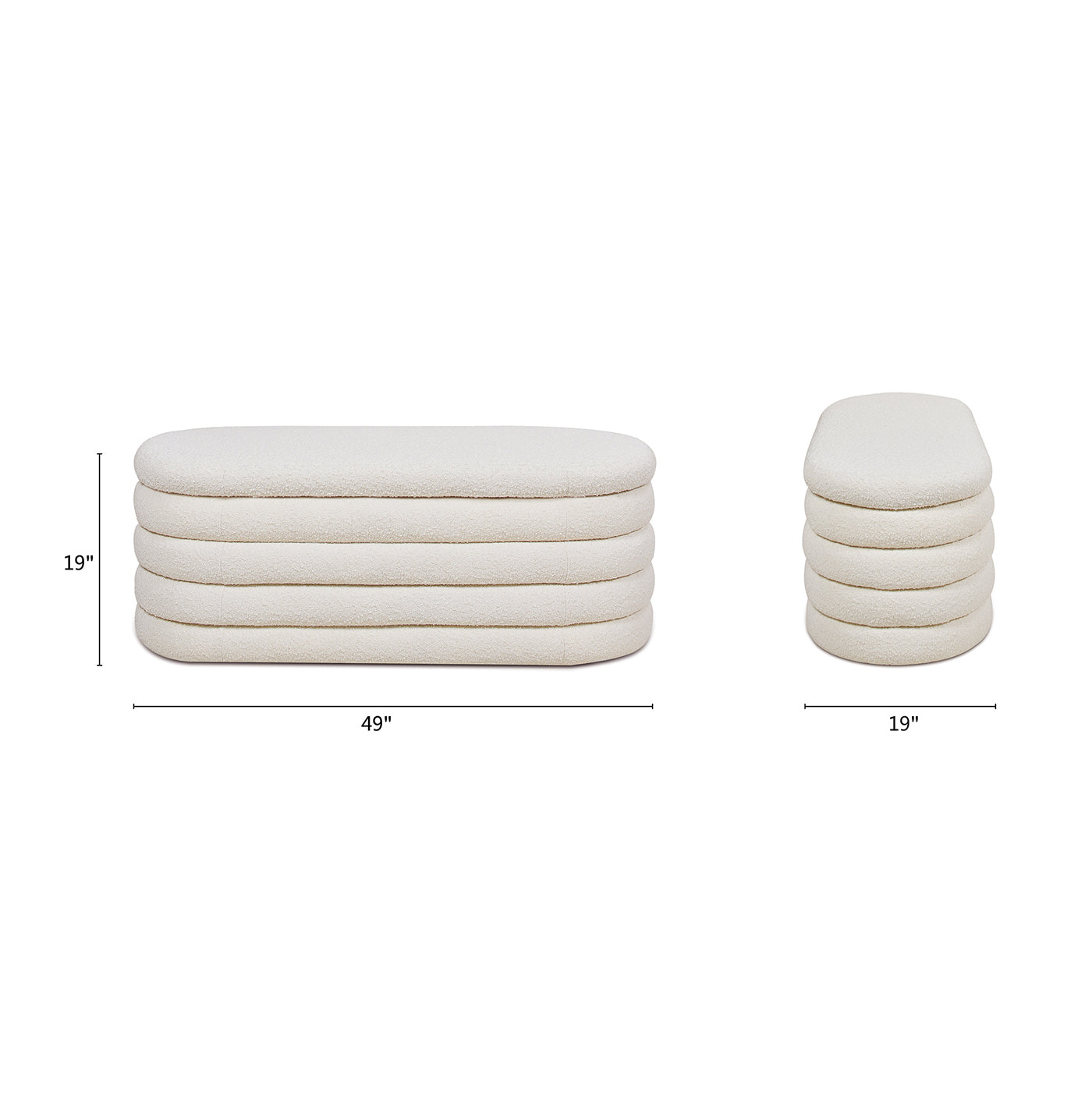 Cream boucle upholstered bench with stacked cushion design