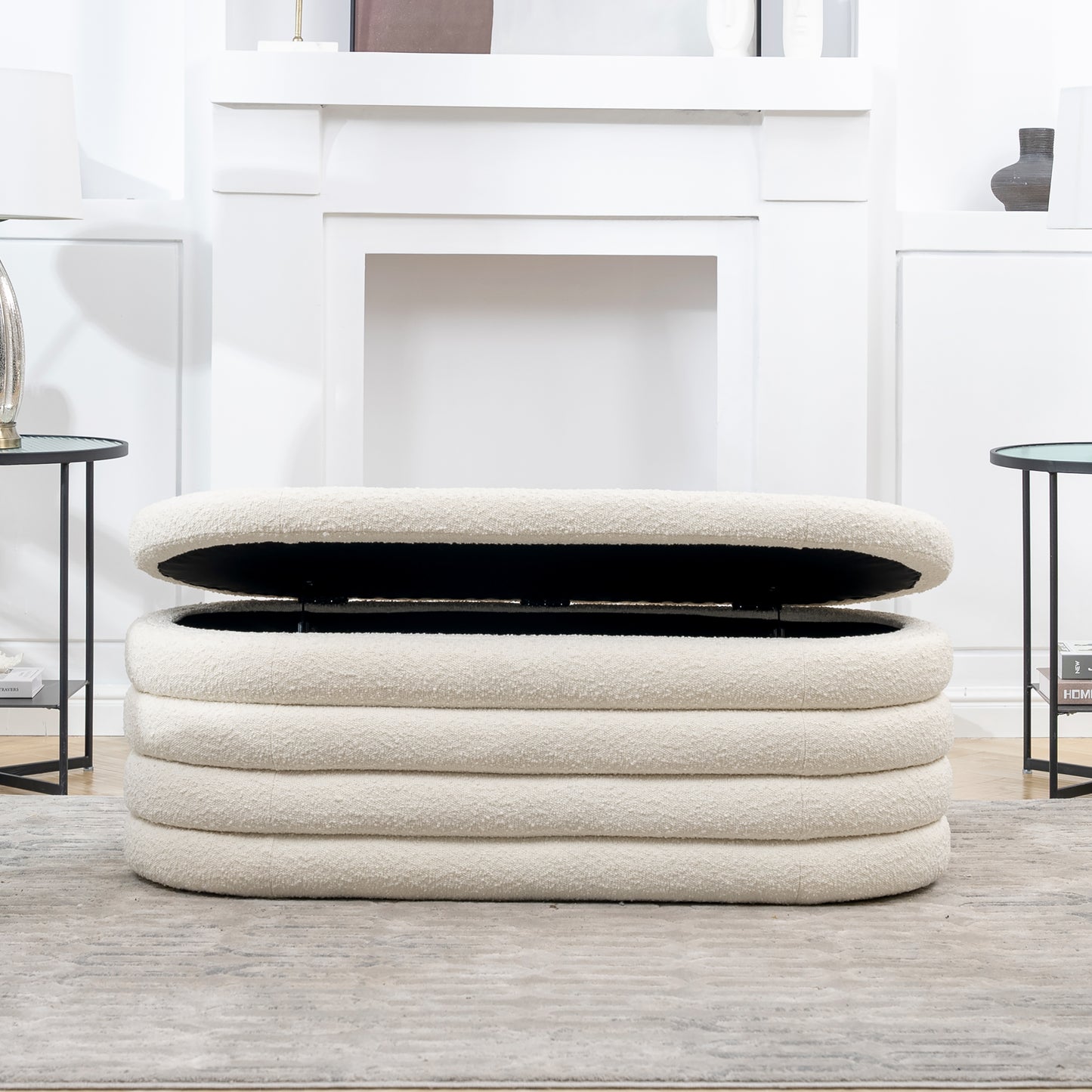 Cream boucle storage ottoman with a lifttop design for modern living rooms