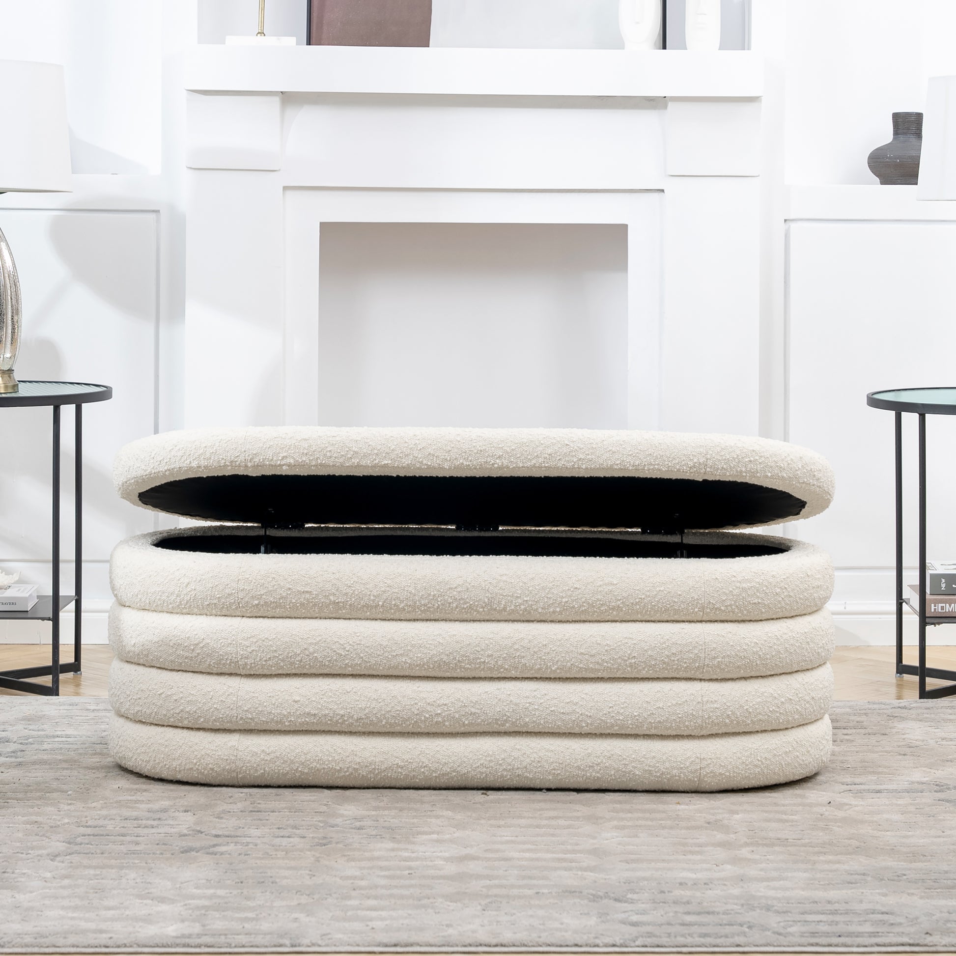 Cream boucle storage ottoman with a lifttop design for modern living rooms