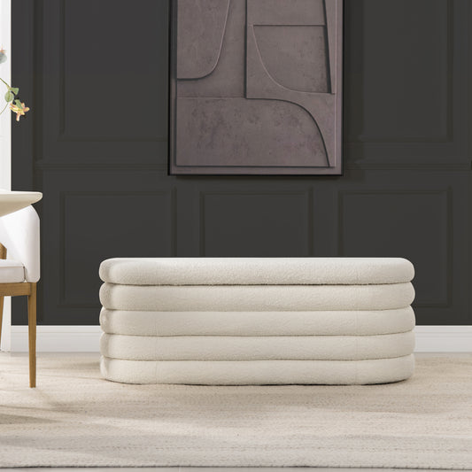 Cream boucle rectangular ottoman with horizontal tufting