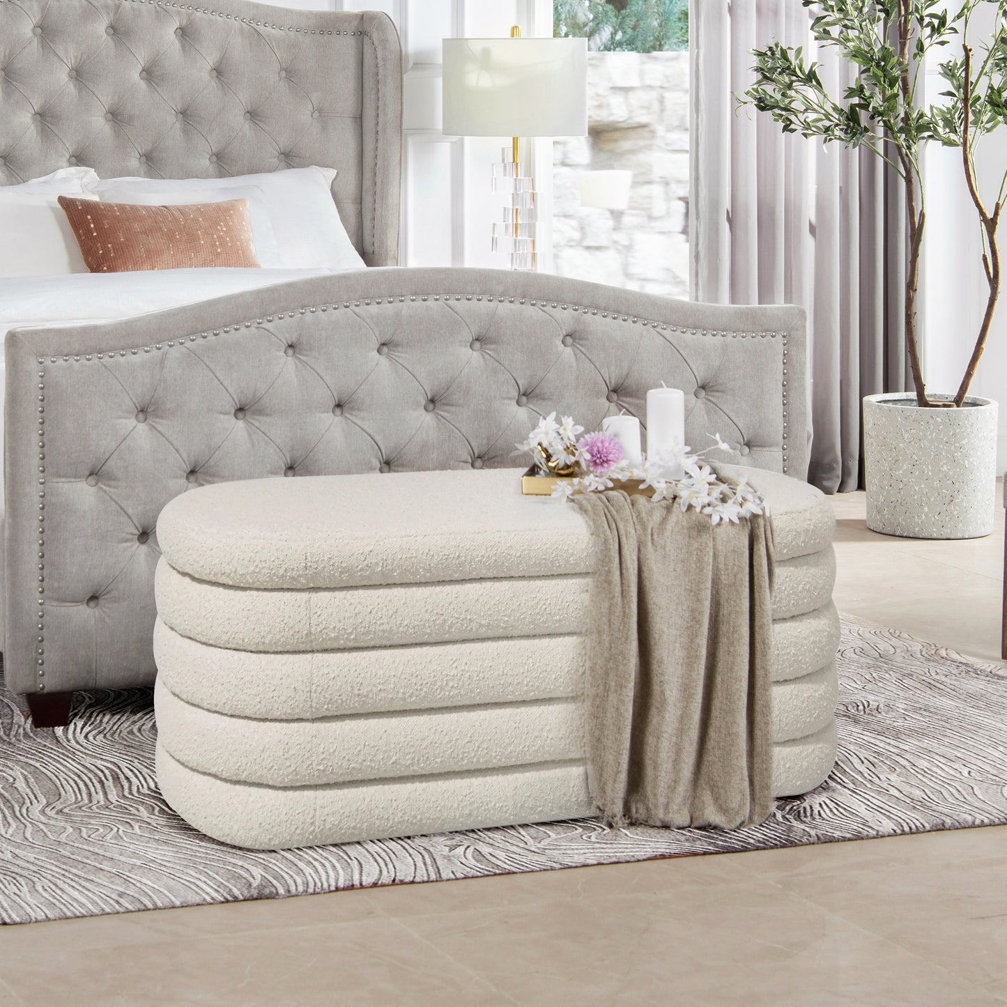 Textured cream boucle ottoman with tiered design