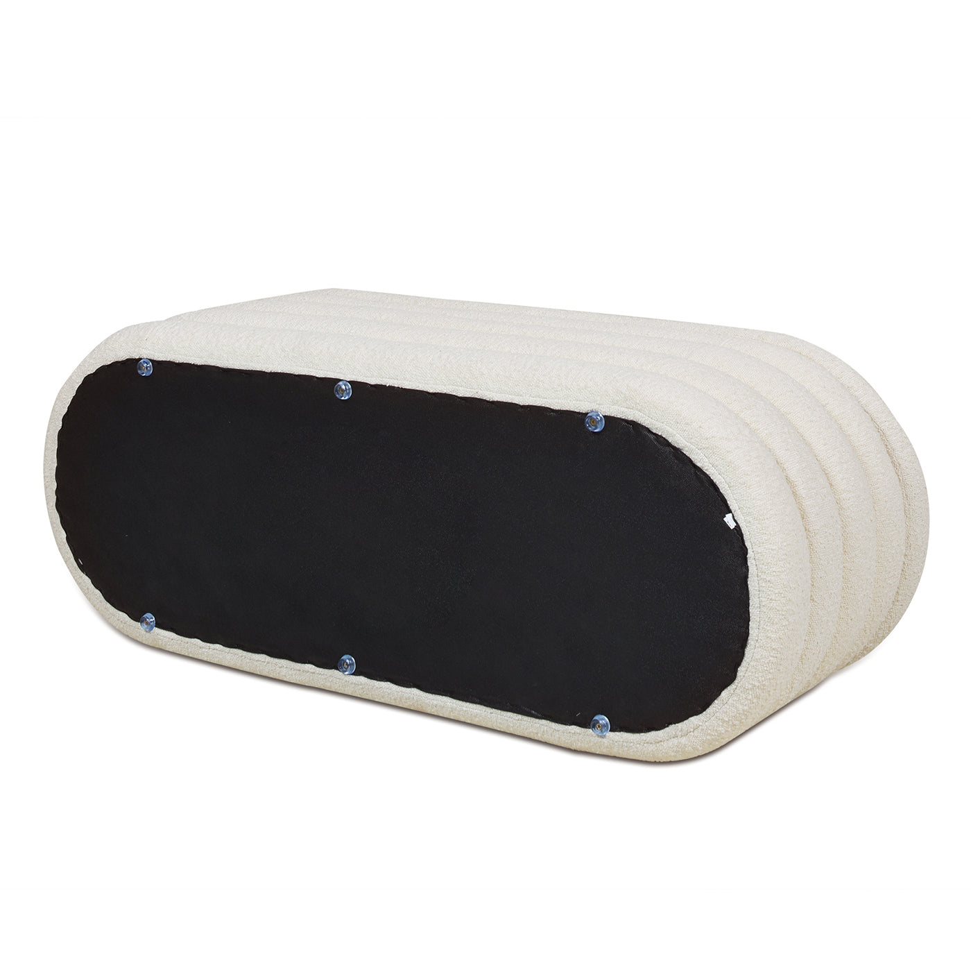 Cream boucle ottoman with ribbed detailing and black underside