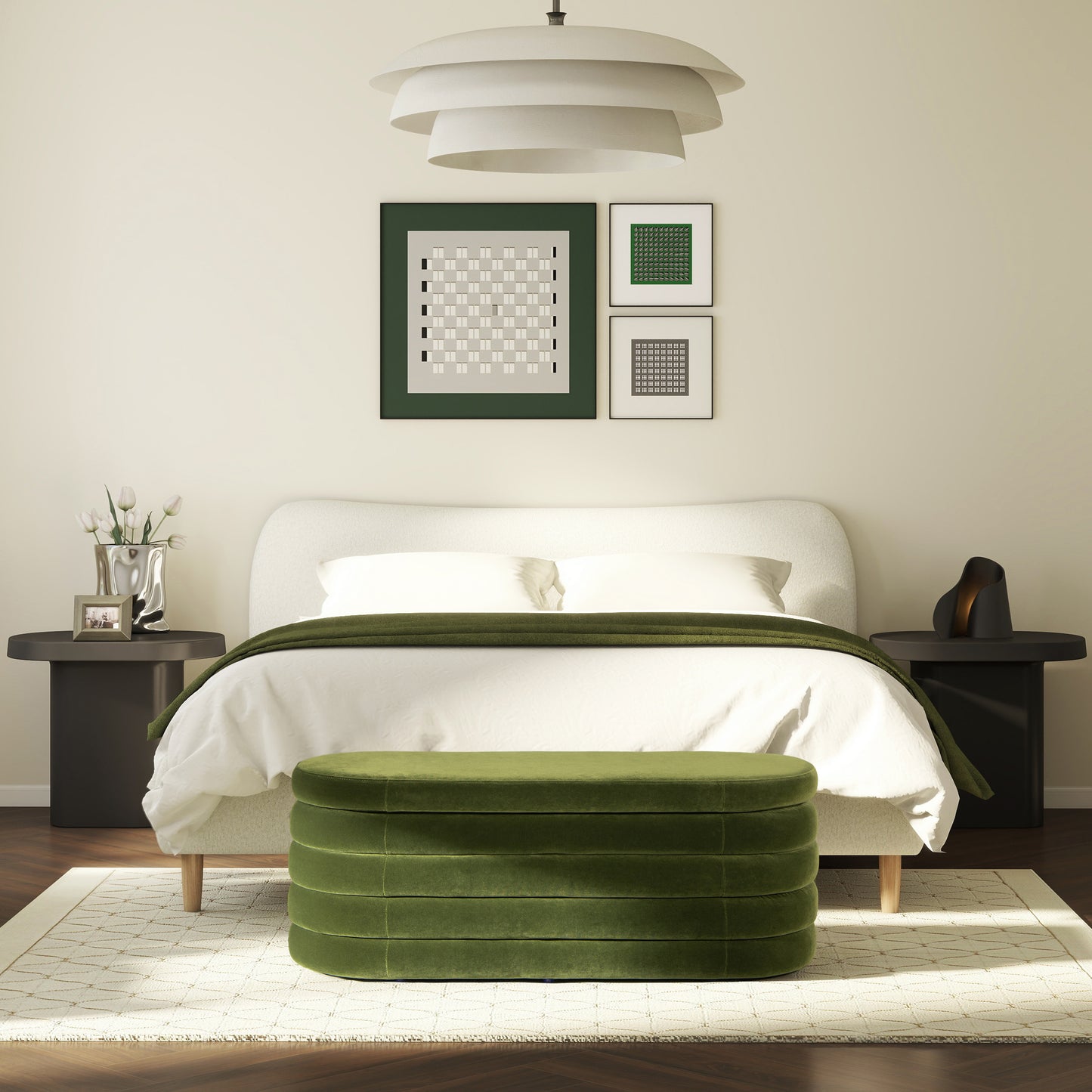 Modern green velvet ottoman with horizontal tufting for bedroom seating