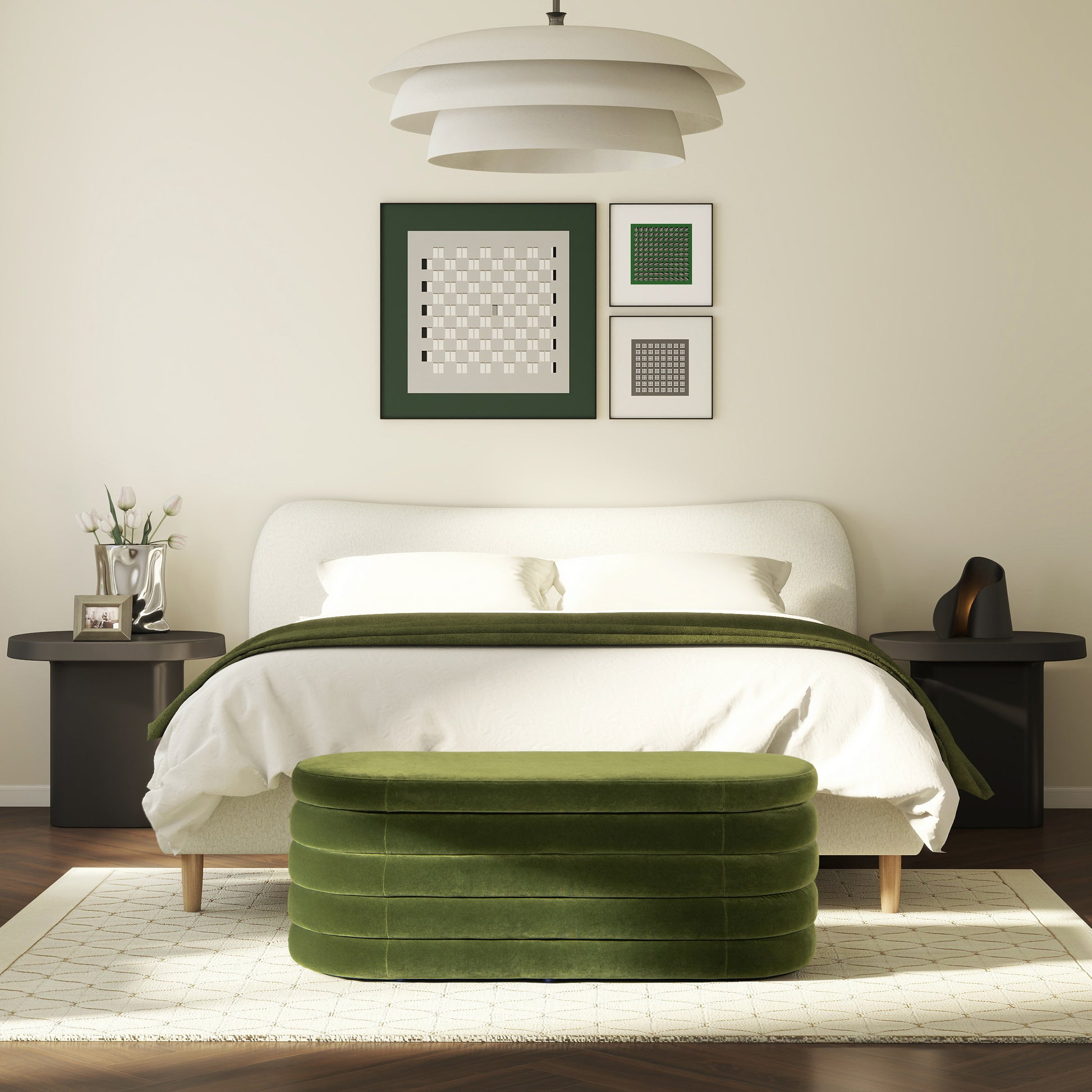Modern green velvet ottoman with horizontal tufting for bedroom seating