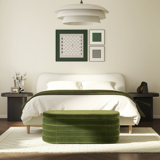 Modern green velvet ottoman with horizontal tufting for bedroom seating