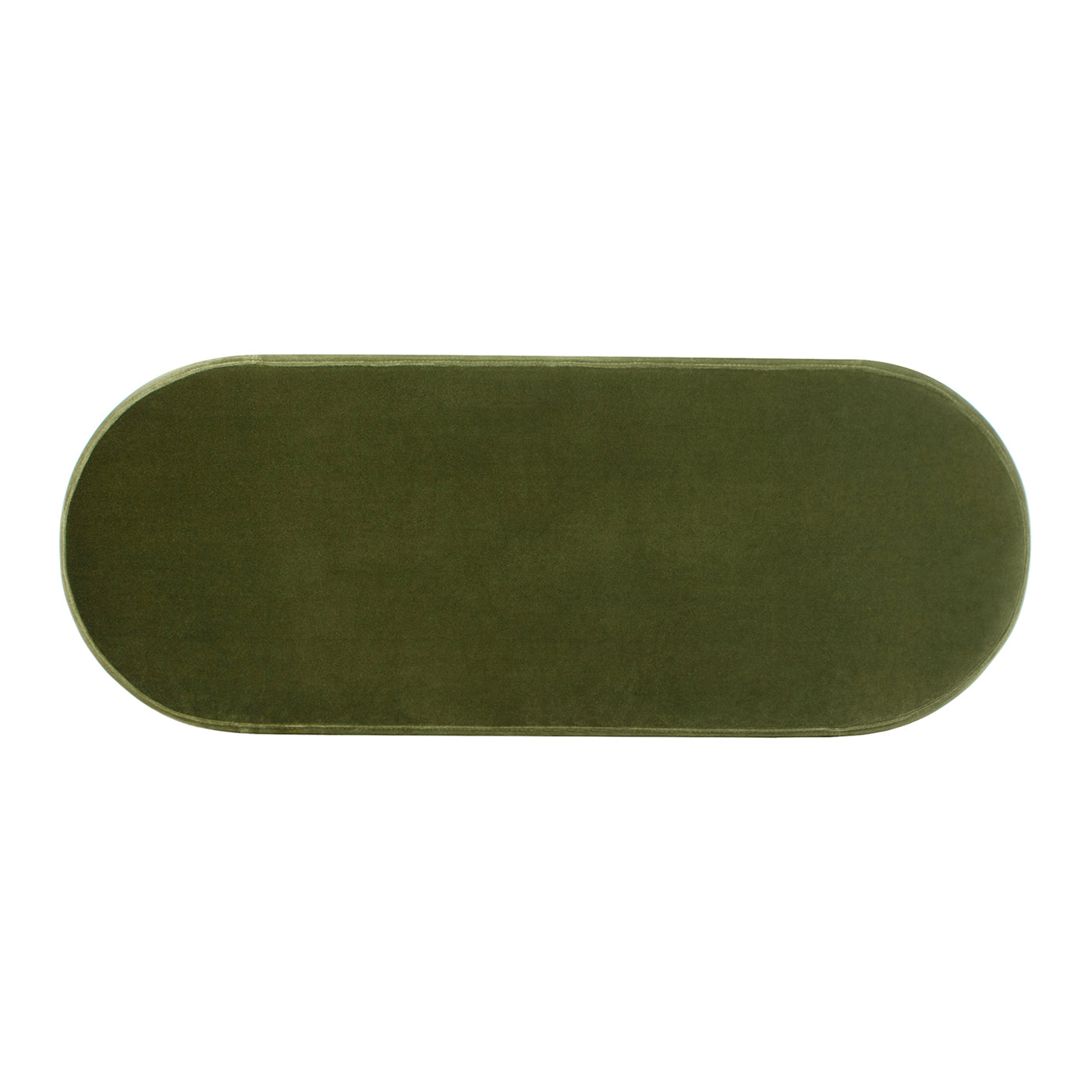 Olive green velvet oval ottoman with a plush texture