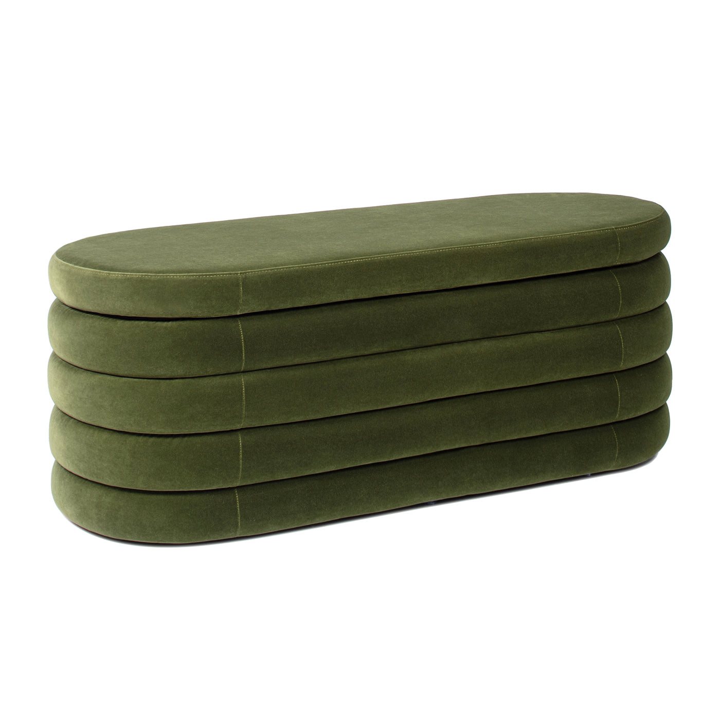 Olive green velvet bench with stacked rounded upholstery