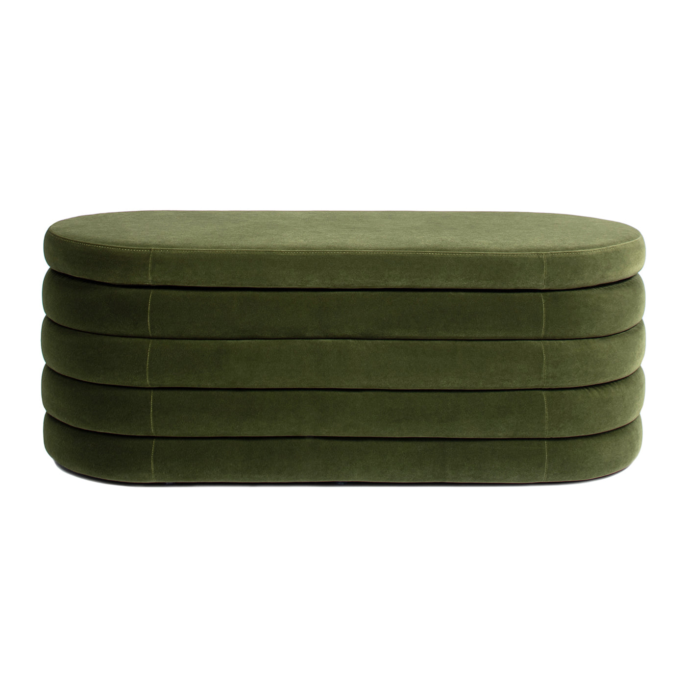 Green velvet oval ottoman with stacked rounded upholstery