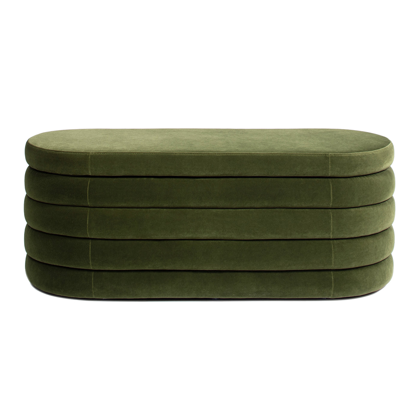 Plush olive green velvet upholstered bench with rounded edges and segmented design