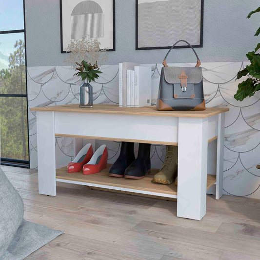 White and wood entryway bench with shoe storage