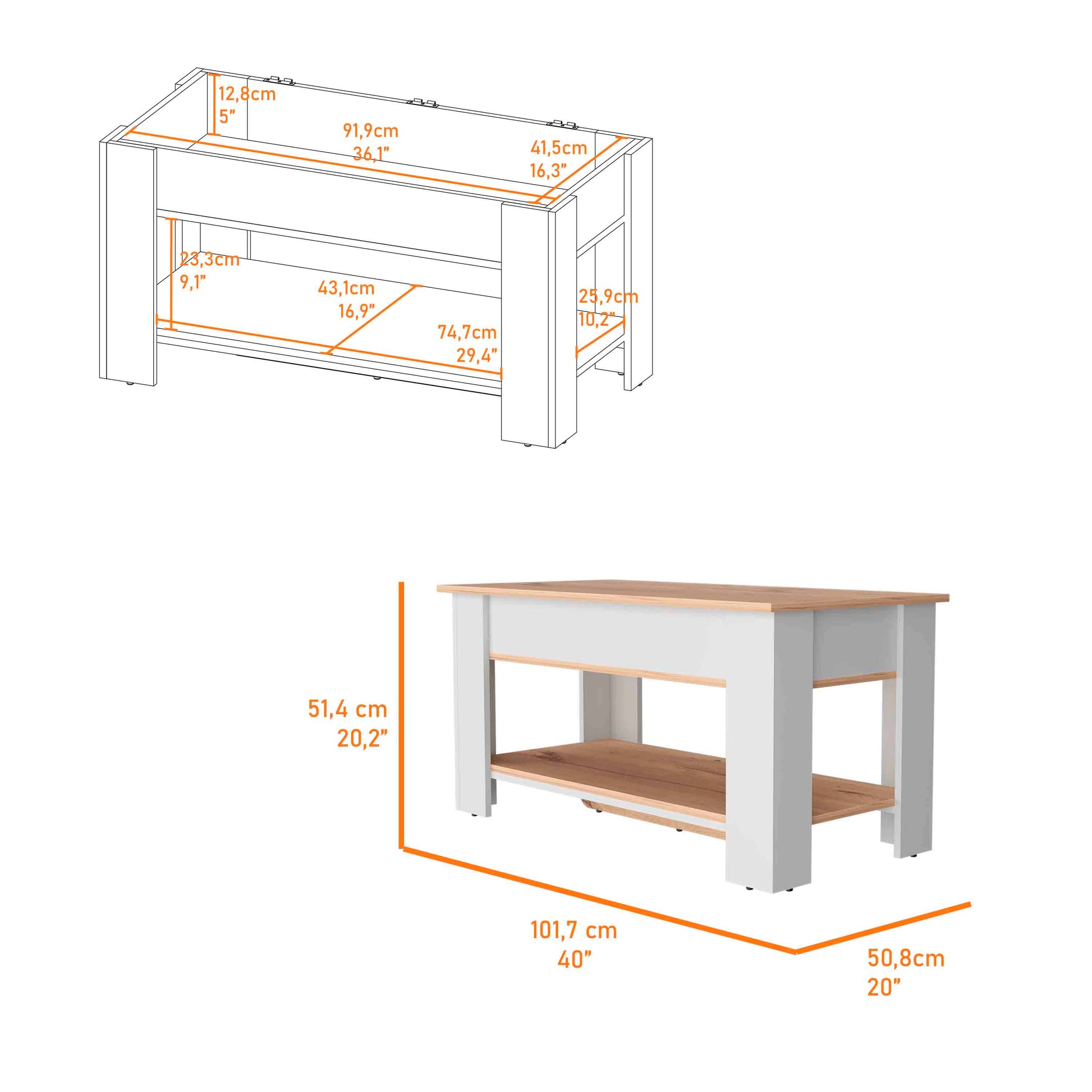 White and oak lifttop coffee table with hidden storage and shelf