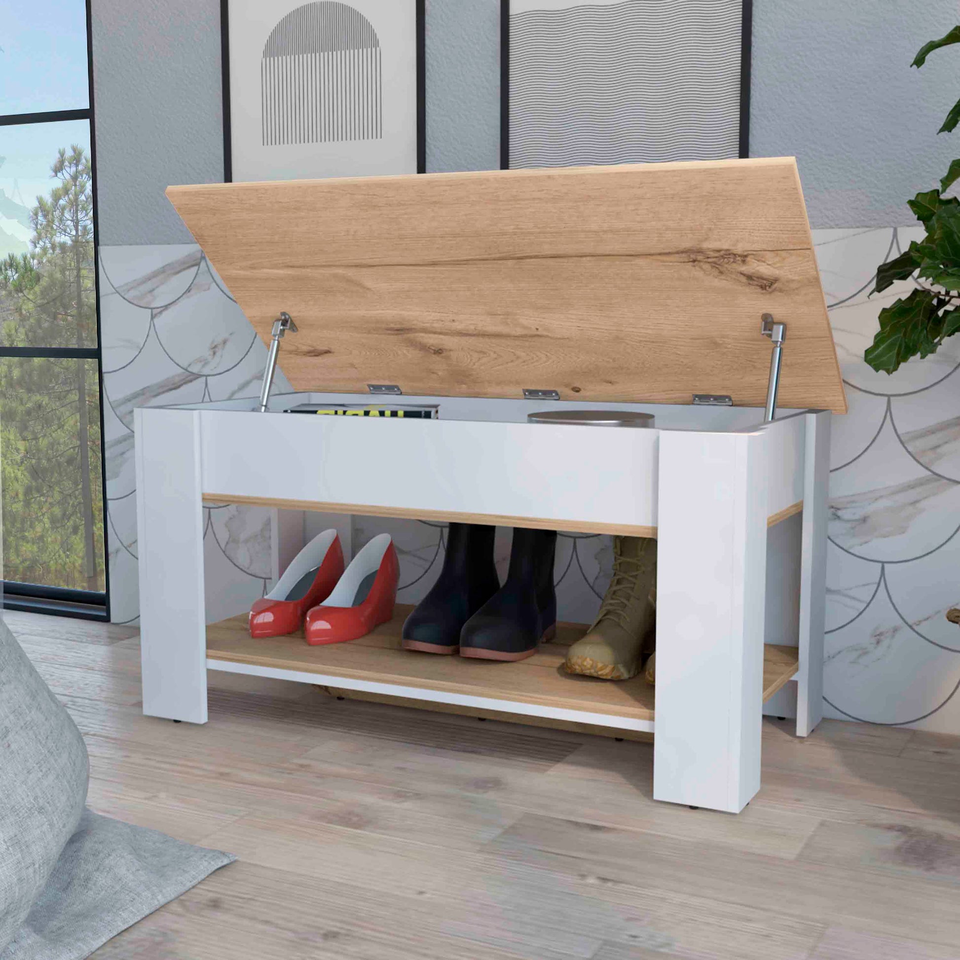 White storage bench with lifttop and open shelves holding shoes Wood grain lid Modern entryway furniture