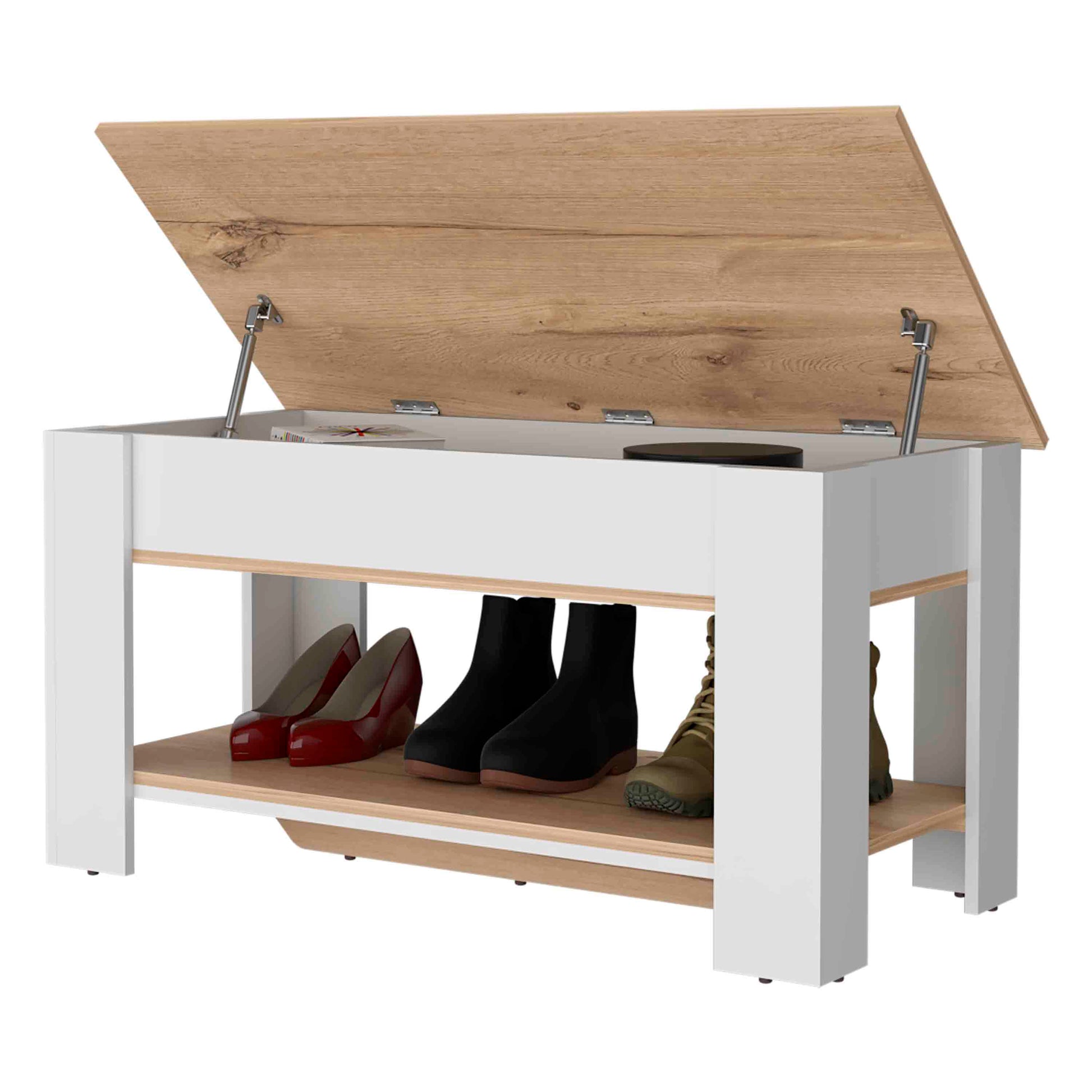 White entryway bench with hinged wooden lid storing shoes and books