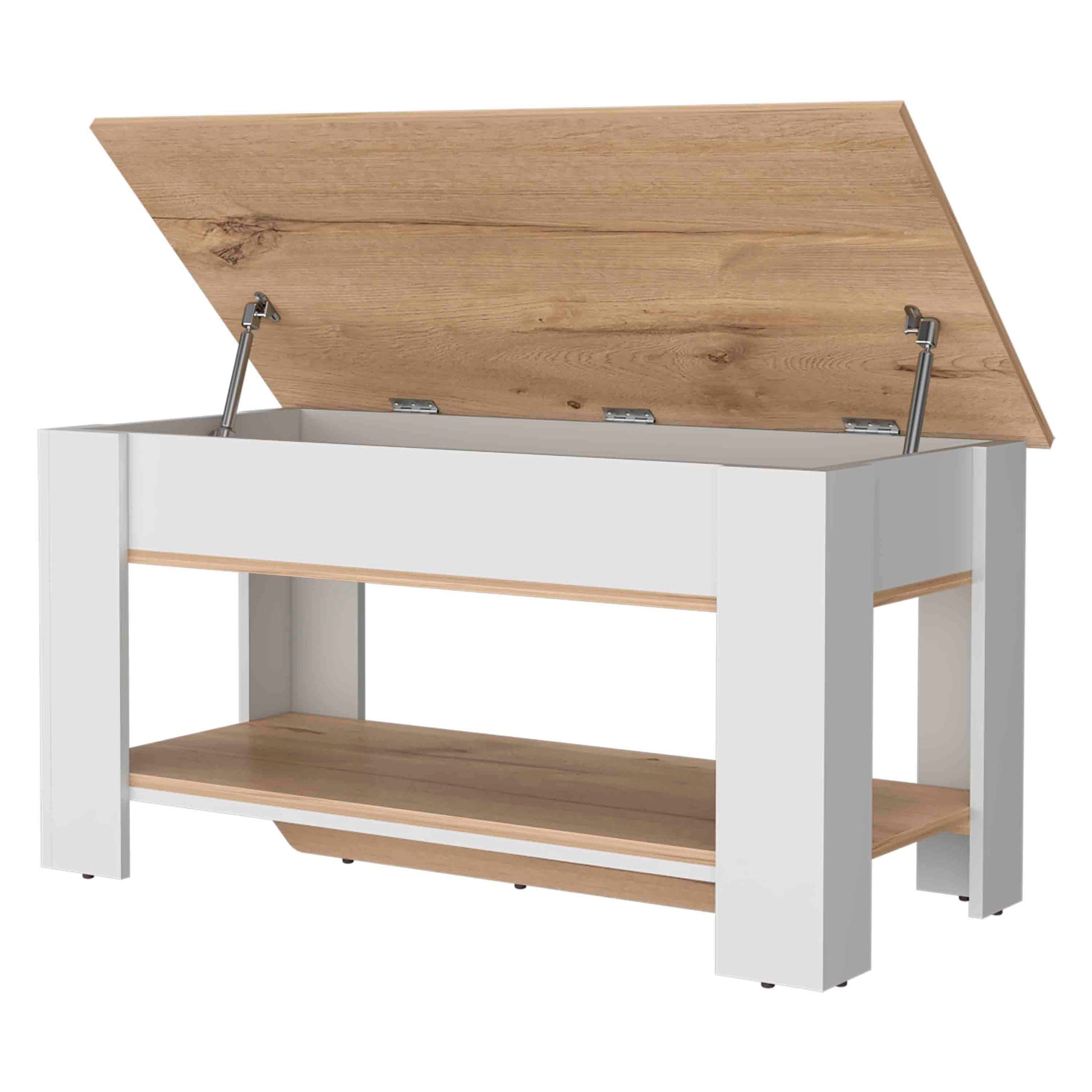 White and oak lifttop coffee table with open storage shelf