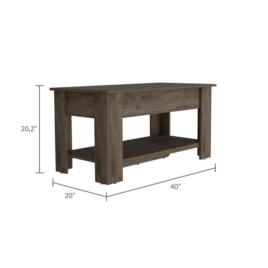 Dark oak lift top coffee table with storage shelf