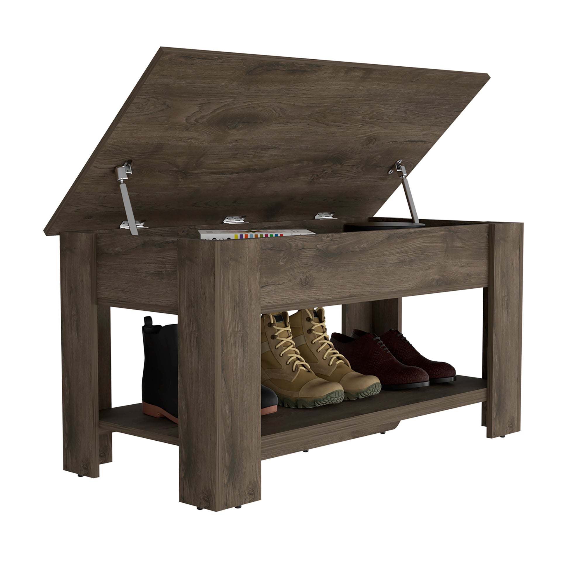 Dark wood storage bench with lifttop and open shelf for shoes