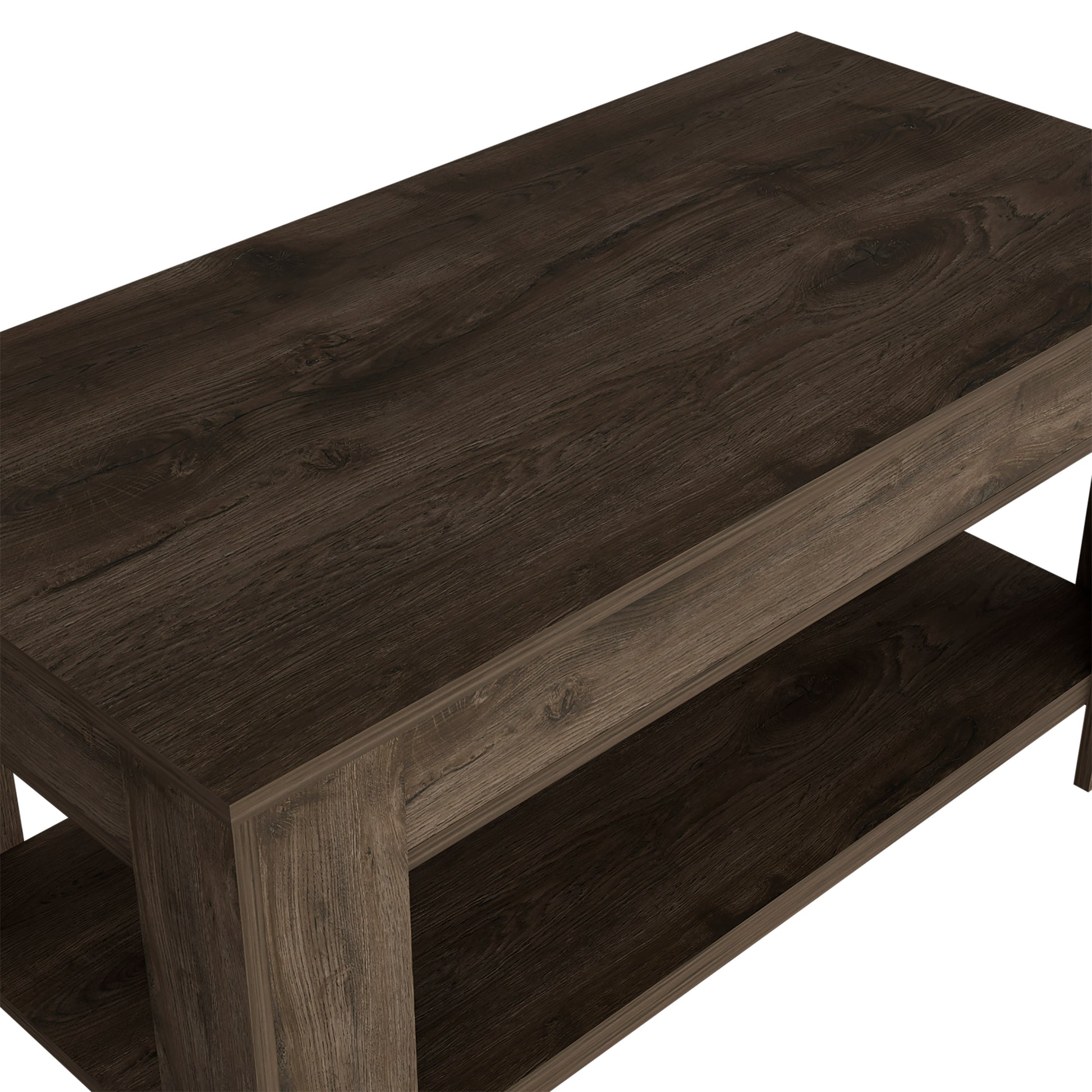 Dark oak finish coffee table with two shelves