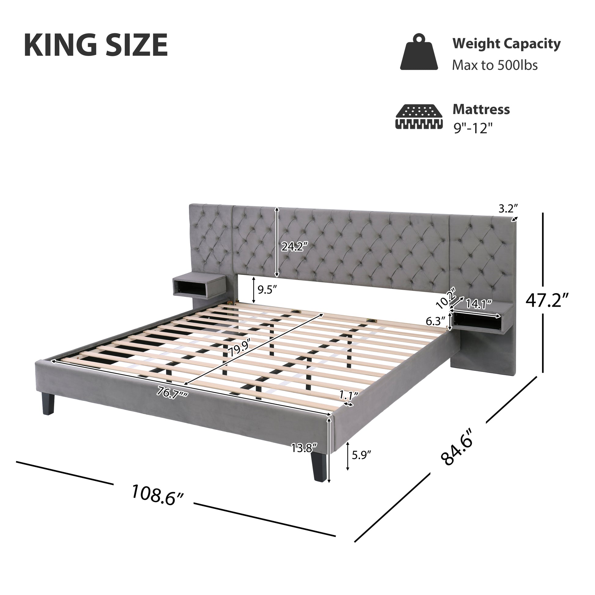 King size grey velvet platform bed with tufted headboard and attached nightstands