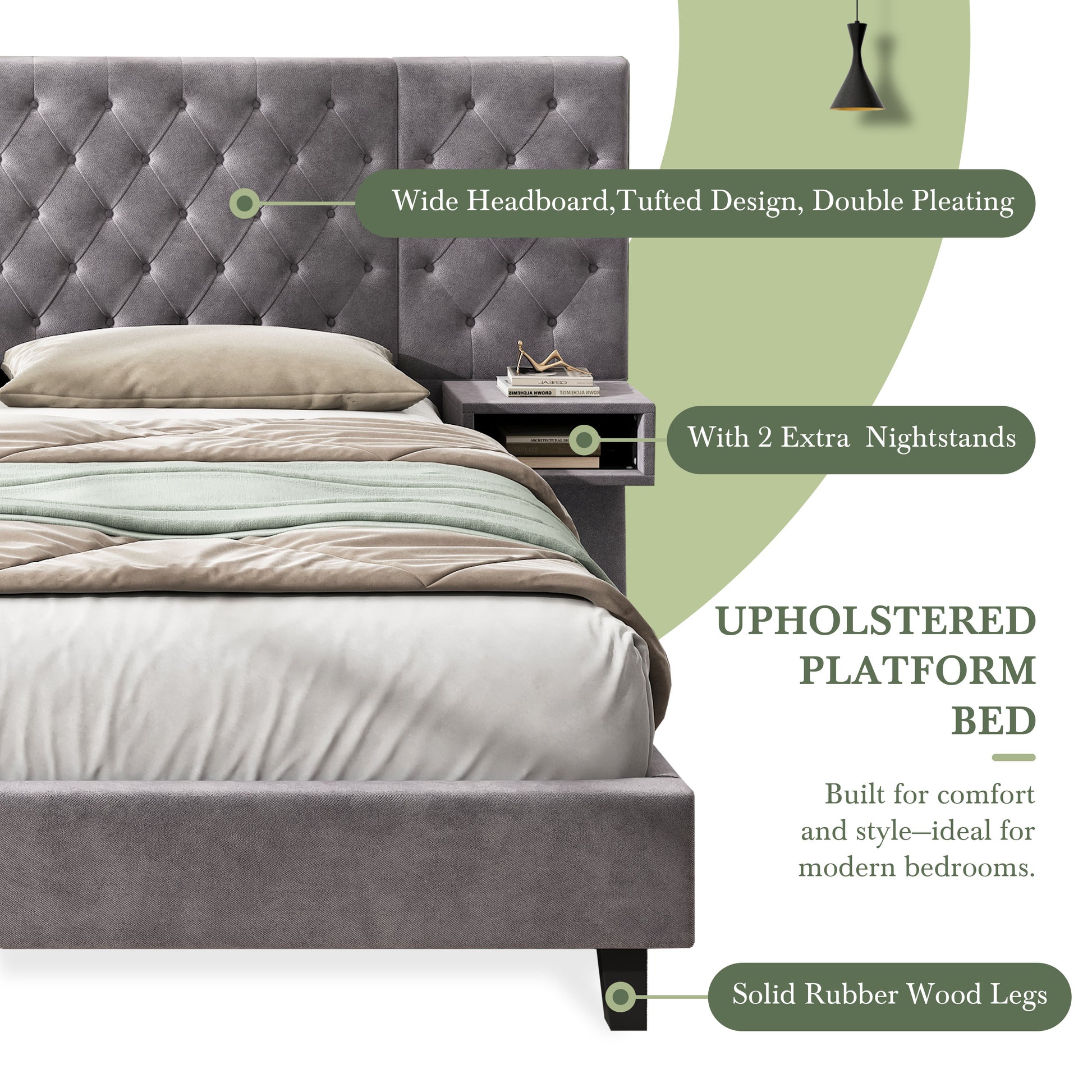 Grey upholstered platform bed with tufted headboard and builtin nightstands