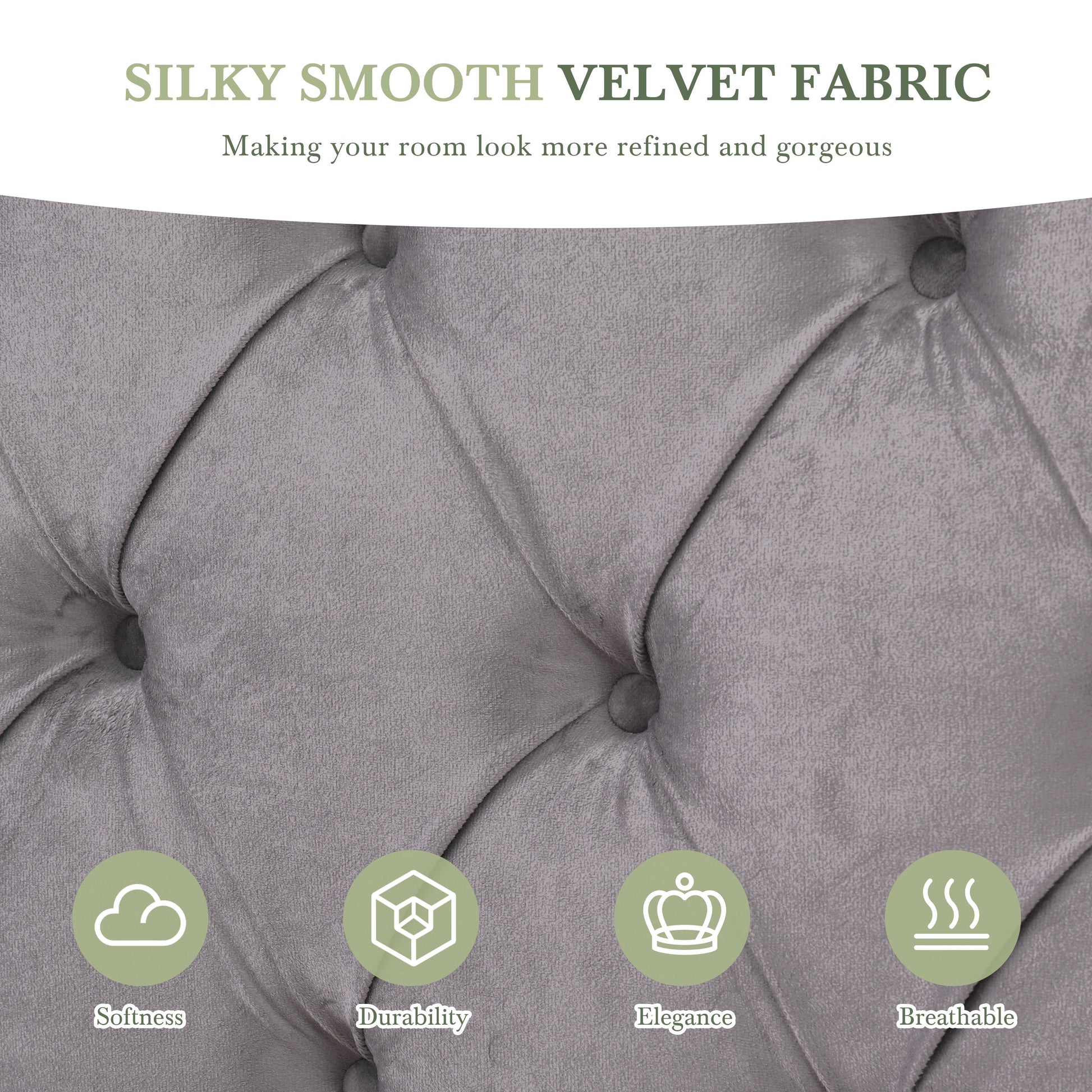 Closeup of grey tufted velvet fabric showcasing its smooth texture and softness