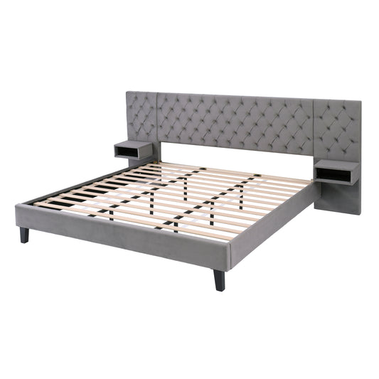 Grey velvet tufted bed frame with integrated nightstands
