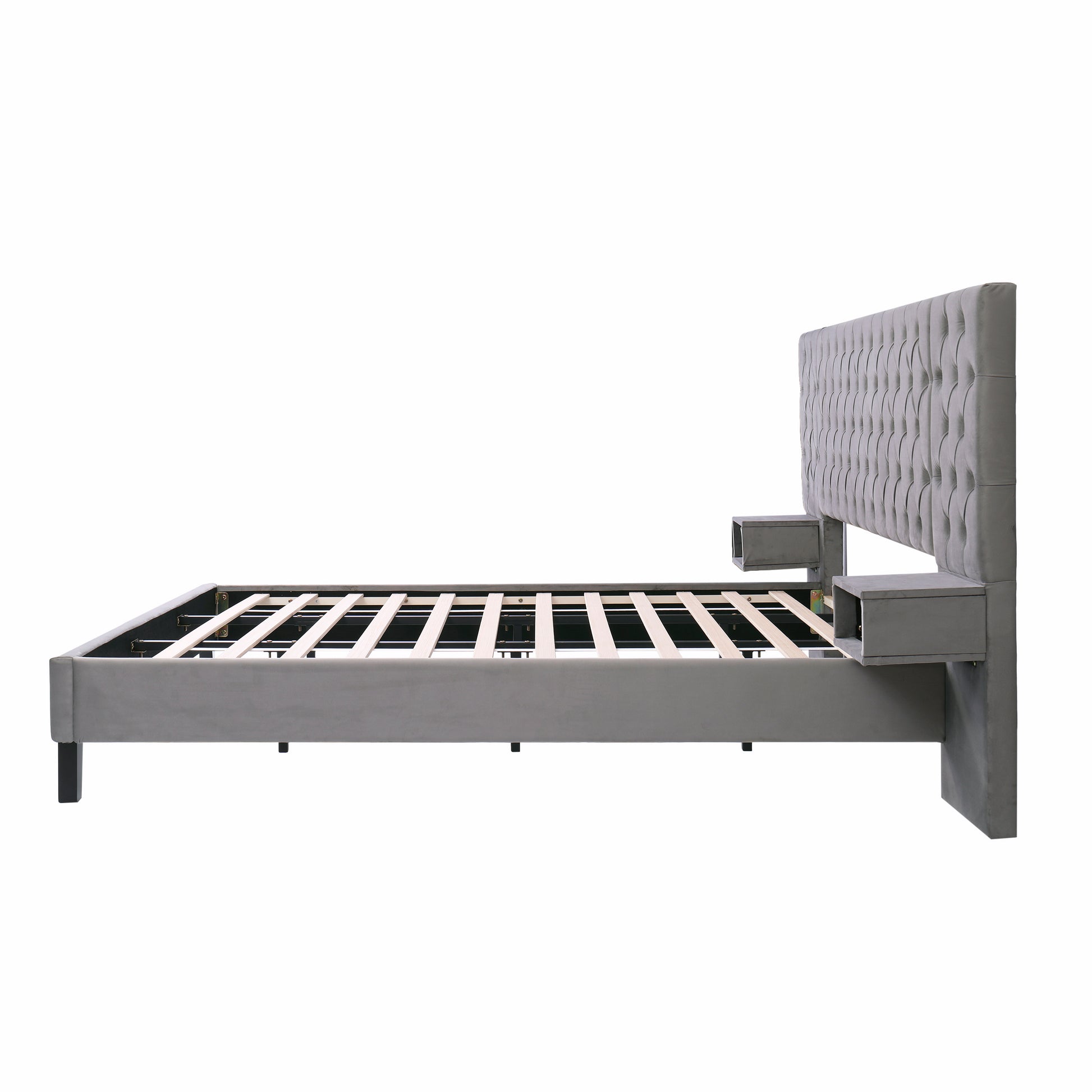 Grey velvet tufted bed frame with integrated nightstands